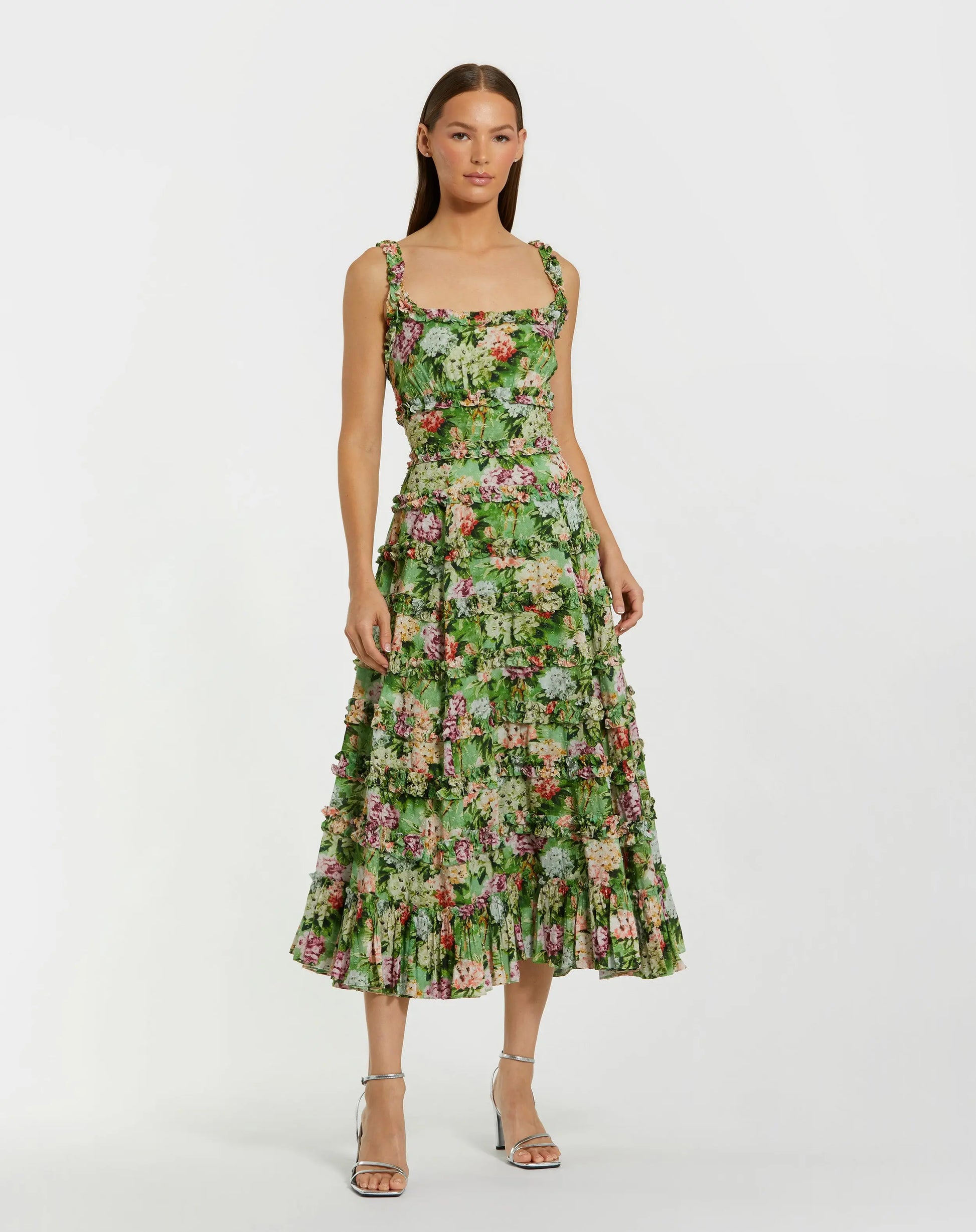 Green Ruffle Floral Square Neck Midi Dress Green Ruffle Floral Square Neck Midi Dress