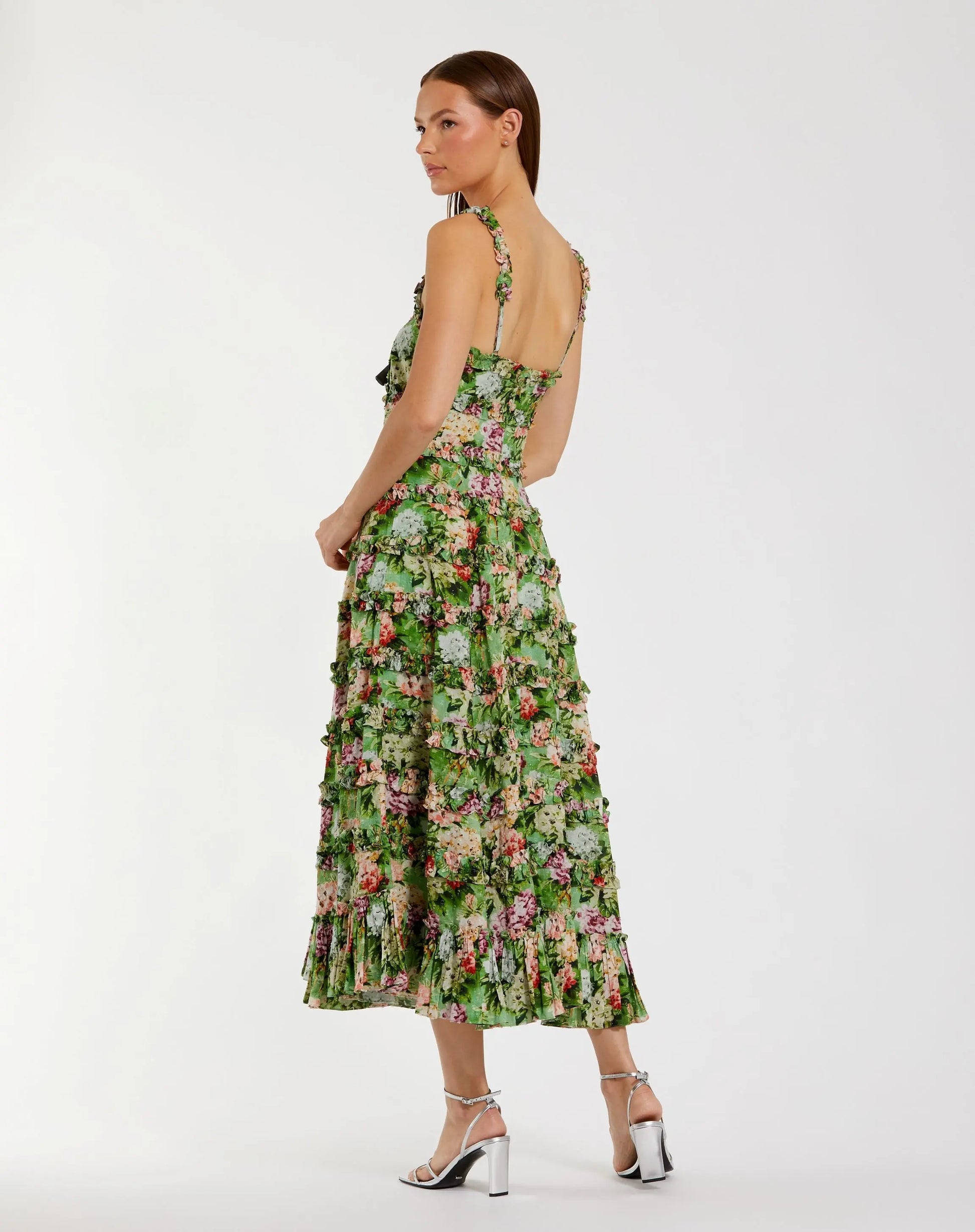 Green Ruffle Floral Square Neck Midi Dress | Mac Duggal Green Ruffle Floral Square Neck Midi Dress | Mac Duggal