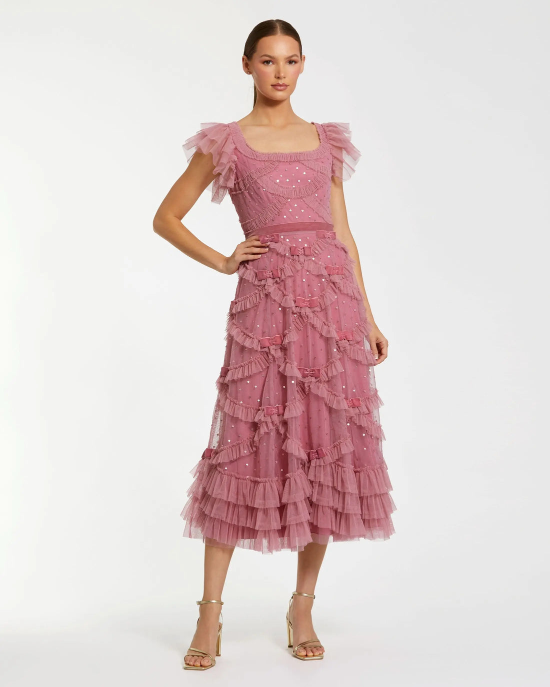 Pink Flutter Sleeve Sequin A Line Midi Dress | Mac Duggal Pink Flutter Sleeve Sequin A Line Midi Dress | Mac Duggal