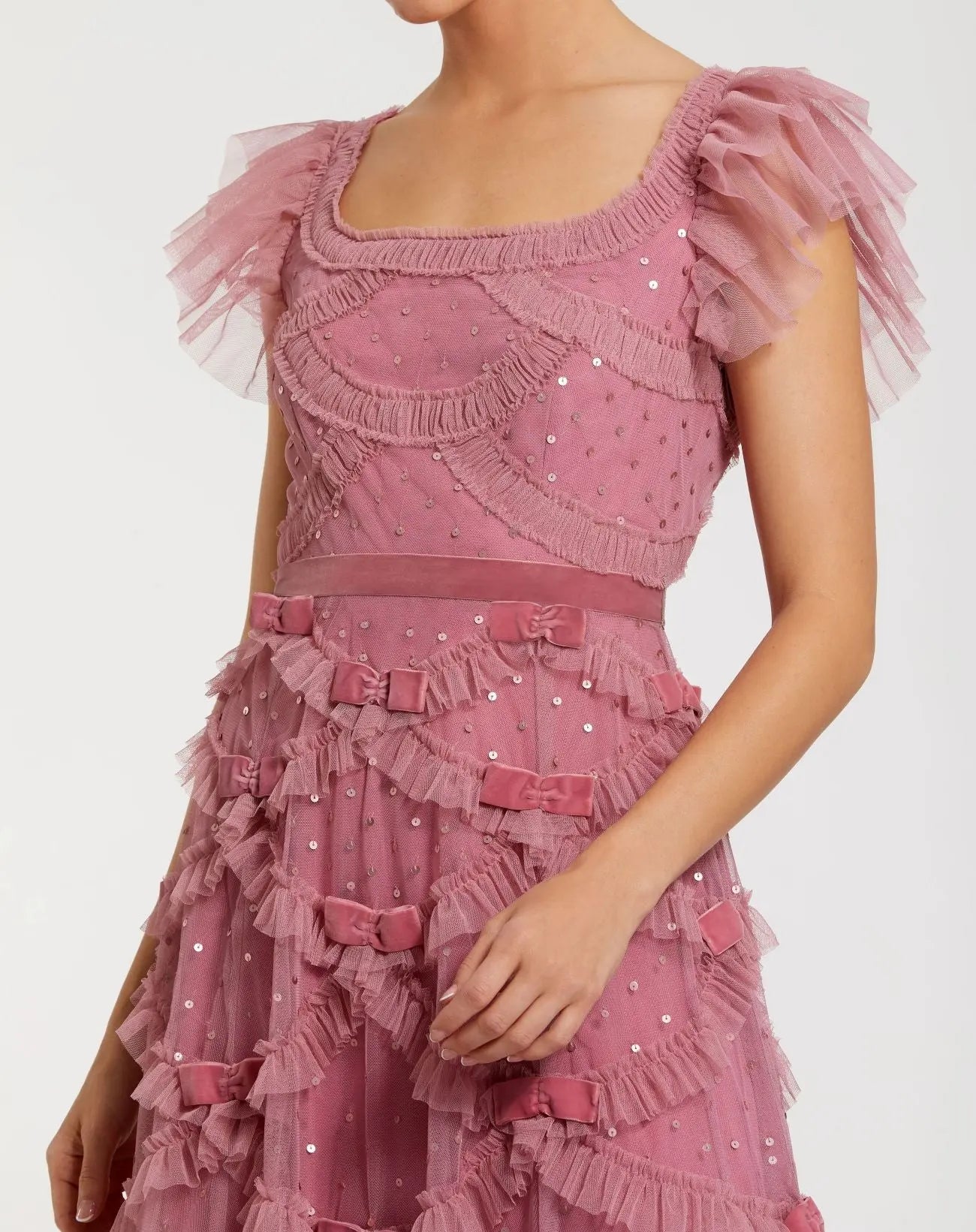 Pink Dot Net Sequin Ruffle Midi Dress Mac Duggal
