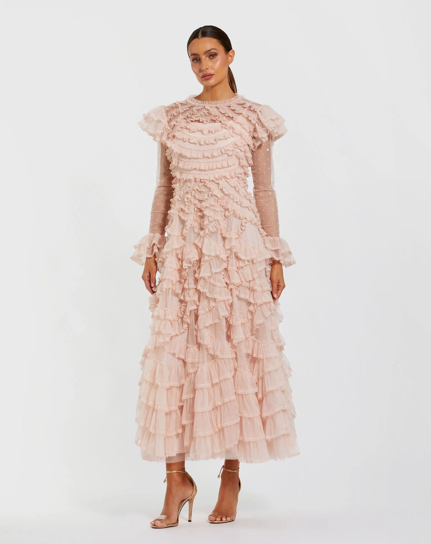 Pink Tiered Ruffle Trim Long Sleeve Midi Dress - Mac Duggal