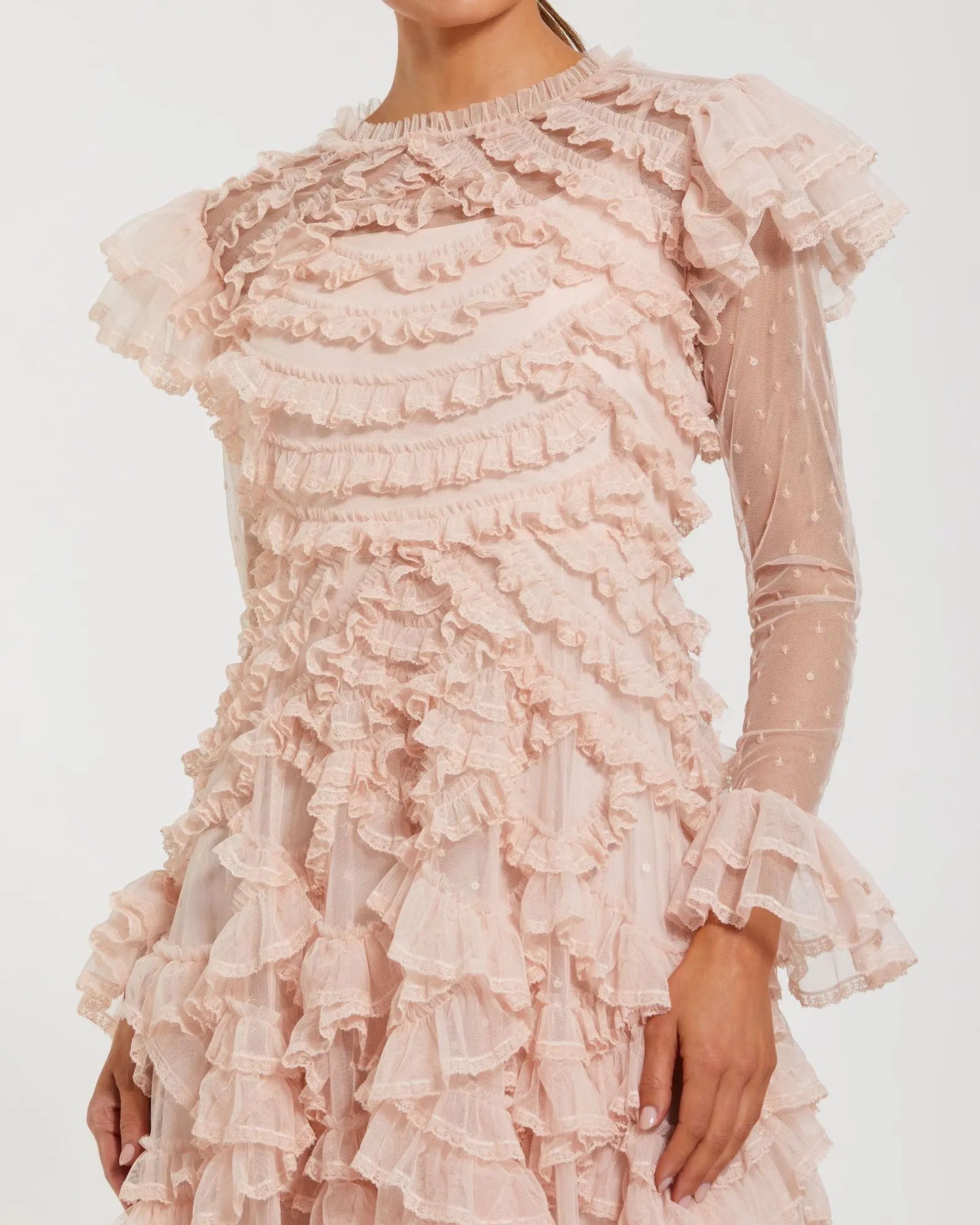 Pink Tiered Ruffle Trim Long Sleeve Midi Dress - Mac Duggal