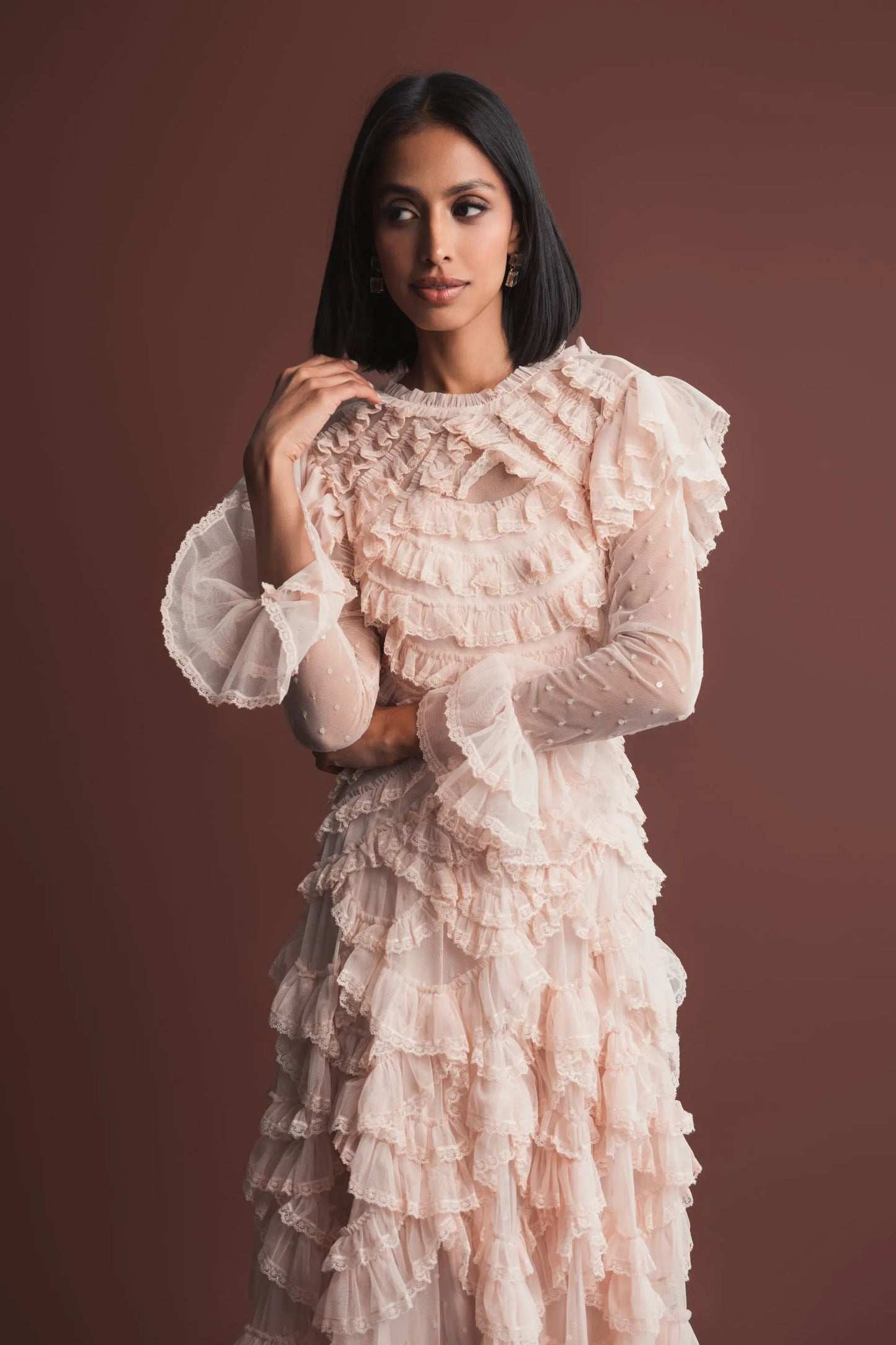 Pink Tiered Ruffle Trim Long Sleeve Midi Dress Mac Duggal