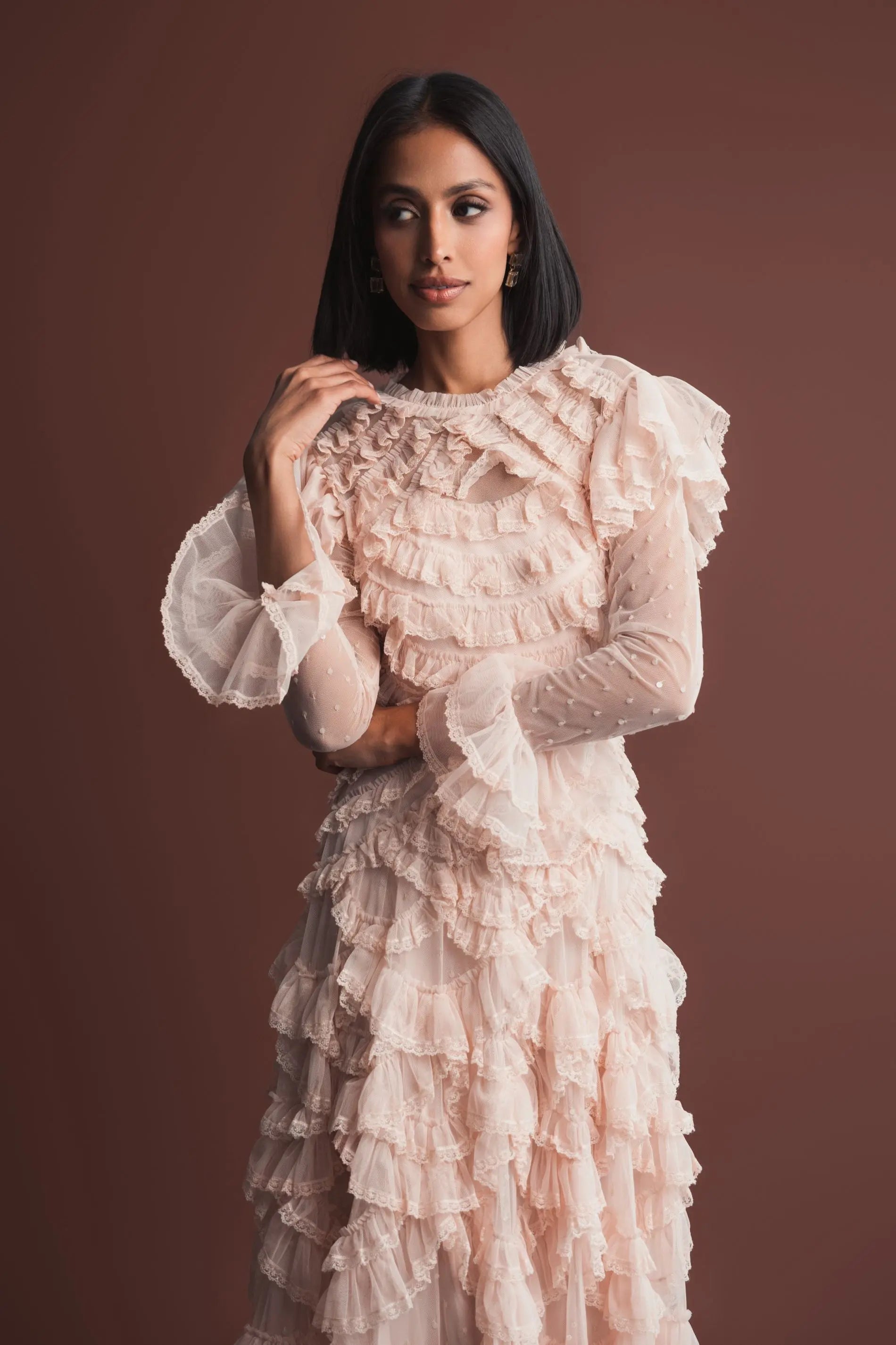 Pink Tiered Ruffle Trim Long Sleeve Midi Dress Mac Duggal