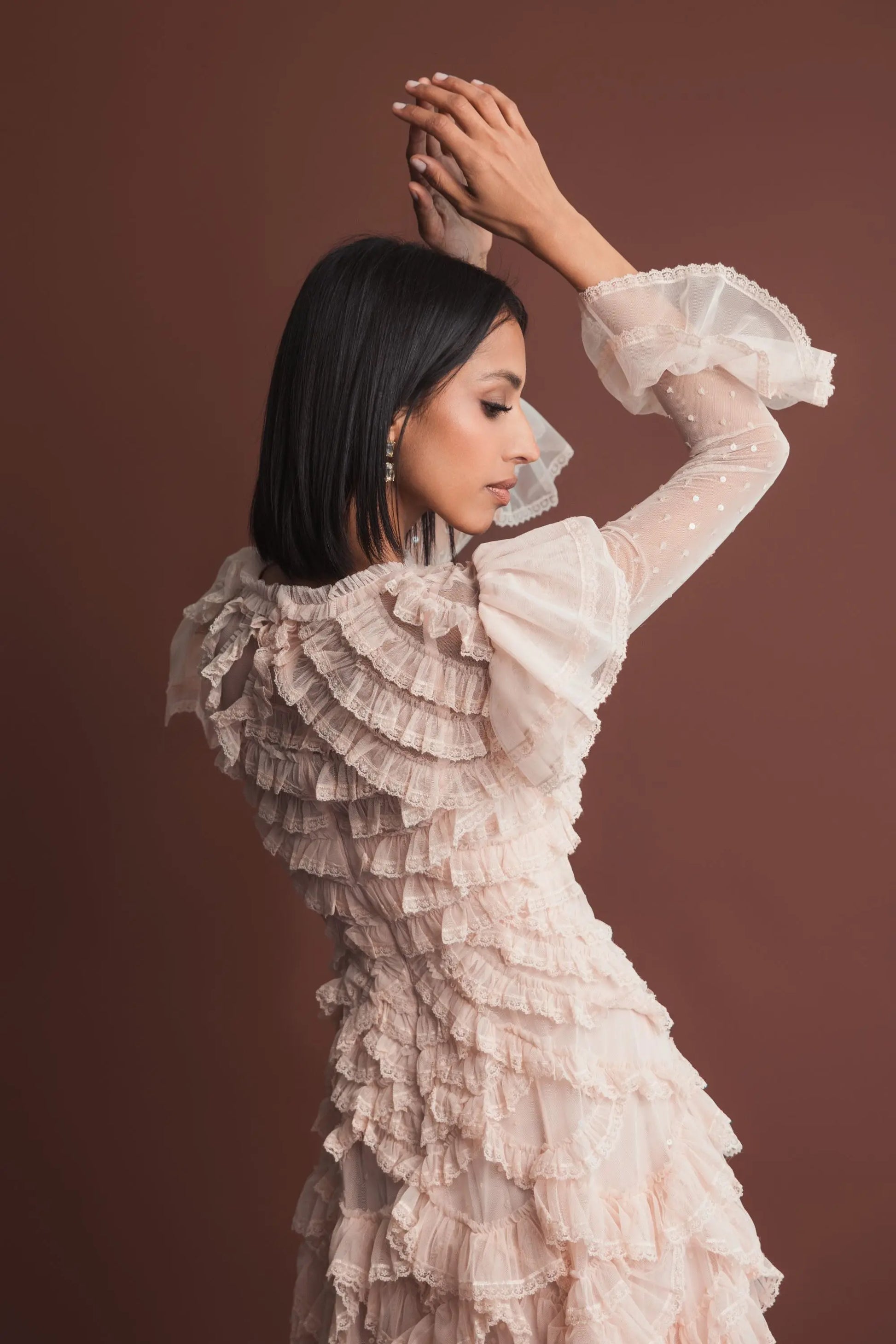 Pink Tiered Ruffle Trim Long Sleeve Midi Dress Mac Duggal