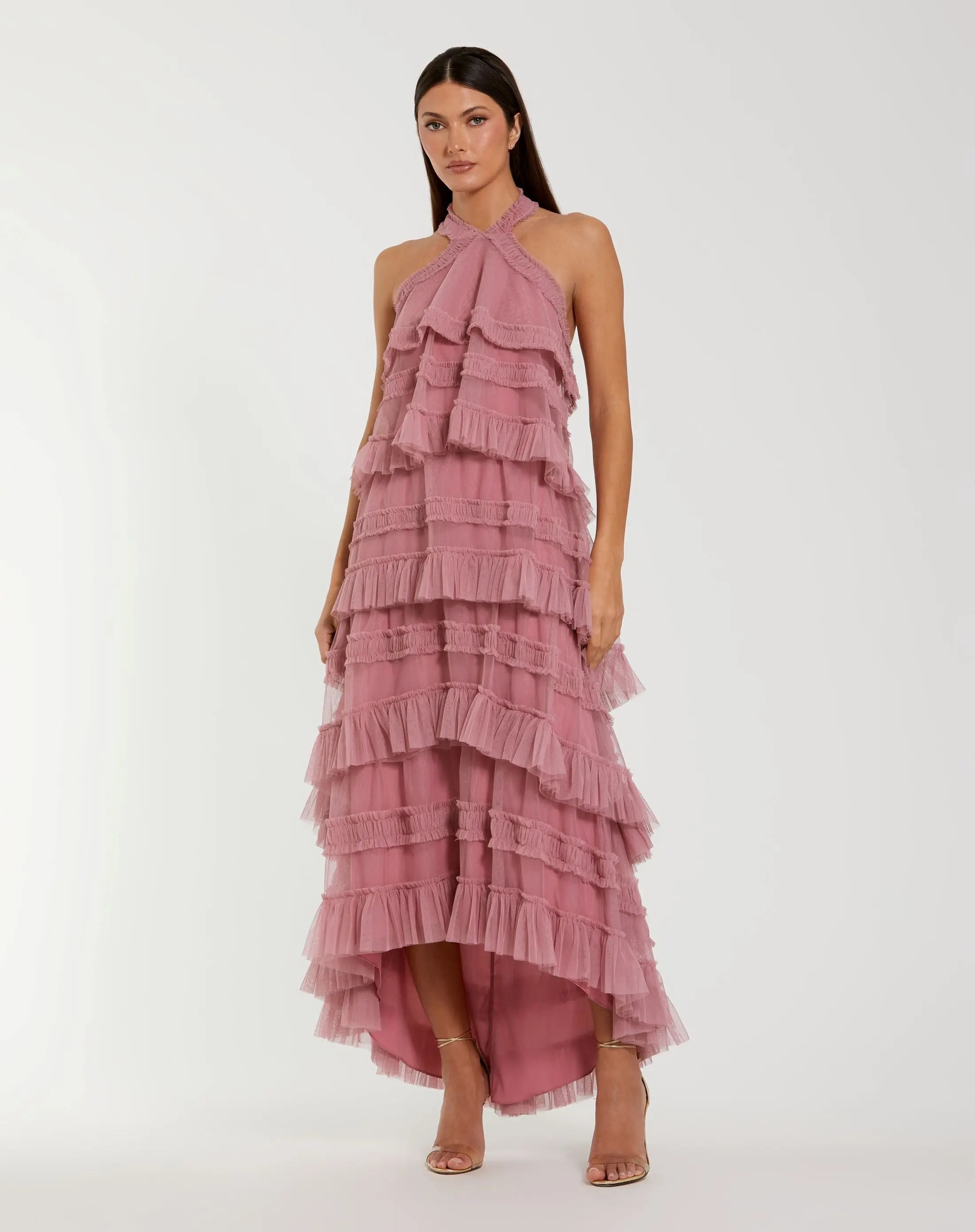 Pink Tiered Ruffle Halter Neck Midi Dress - Mac Duggal
