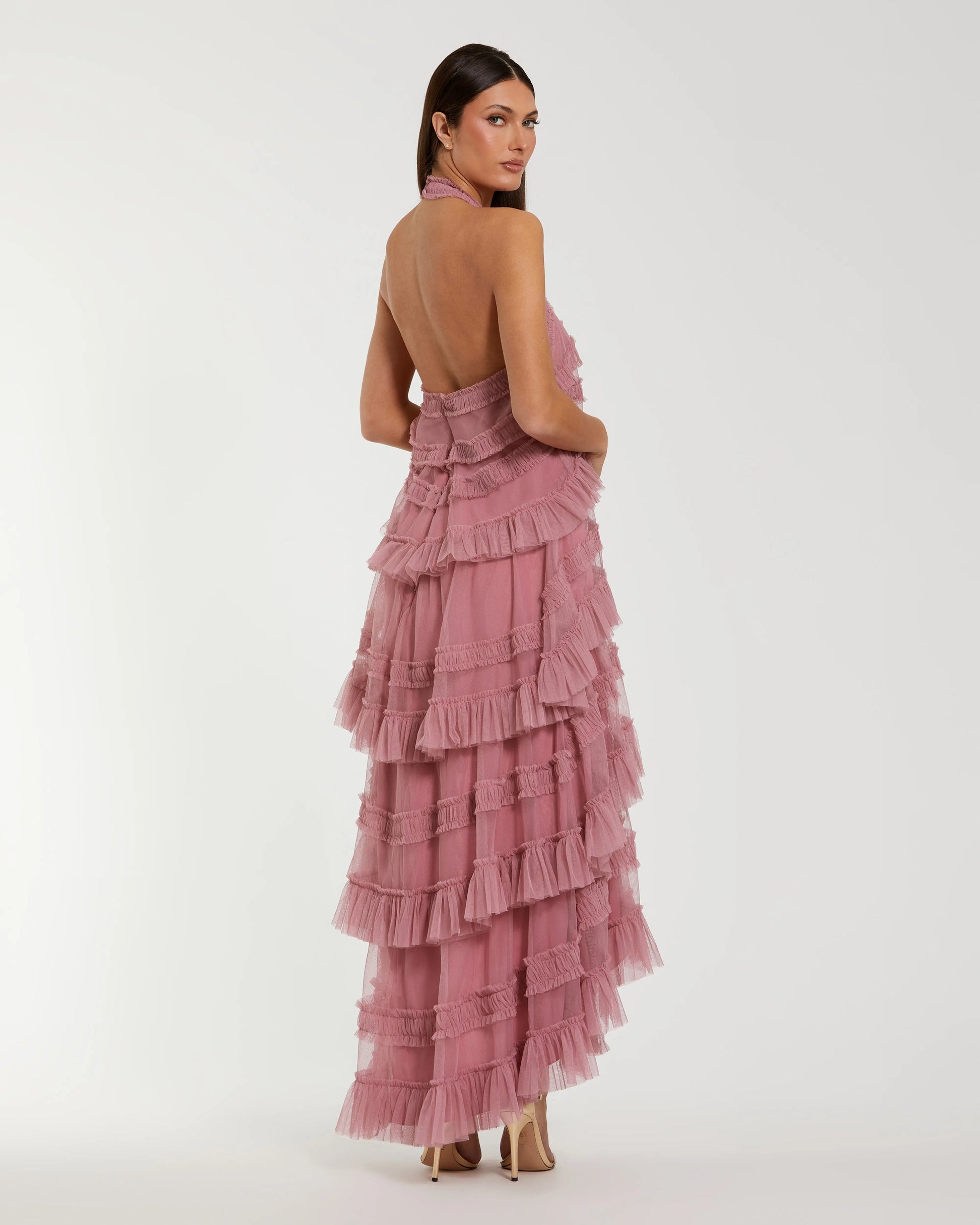 Pink Tiered Ruffle Halter Neck Midi Dress | Mac Duggal Pink Tiered Ruffle Halter Neck Midi Dress | Mac Duggal