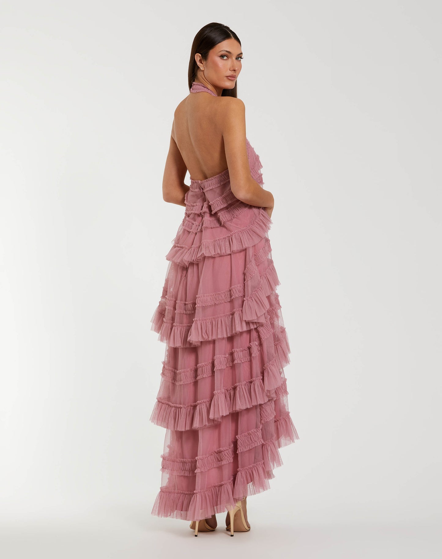 Pink Tiered Ruffle Halter Neck Midi Dress - Mac Duggal