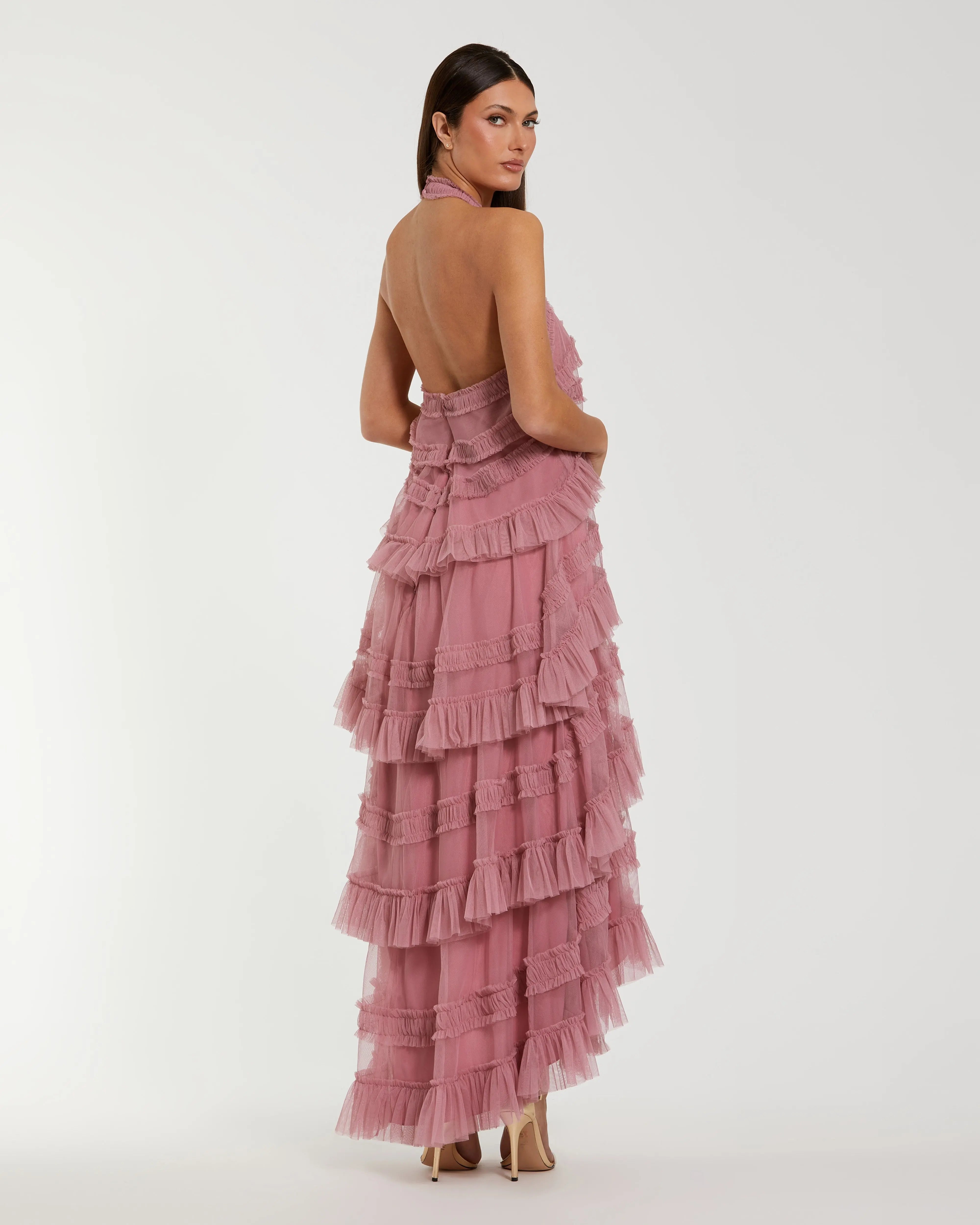 Pink Tiered Ruffle Halter Neck Midi Dress - Mac Duggal