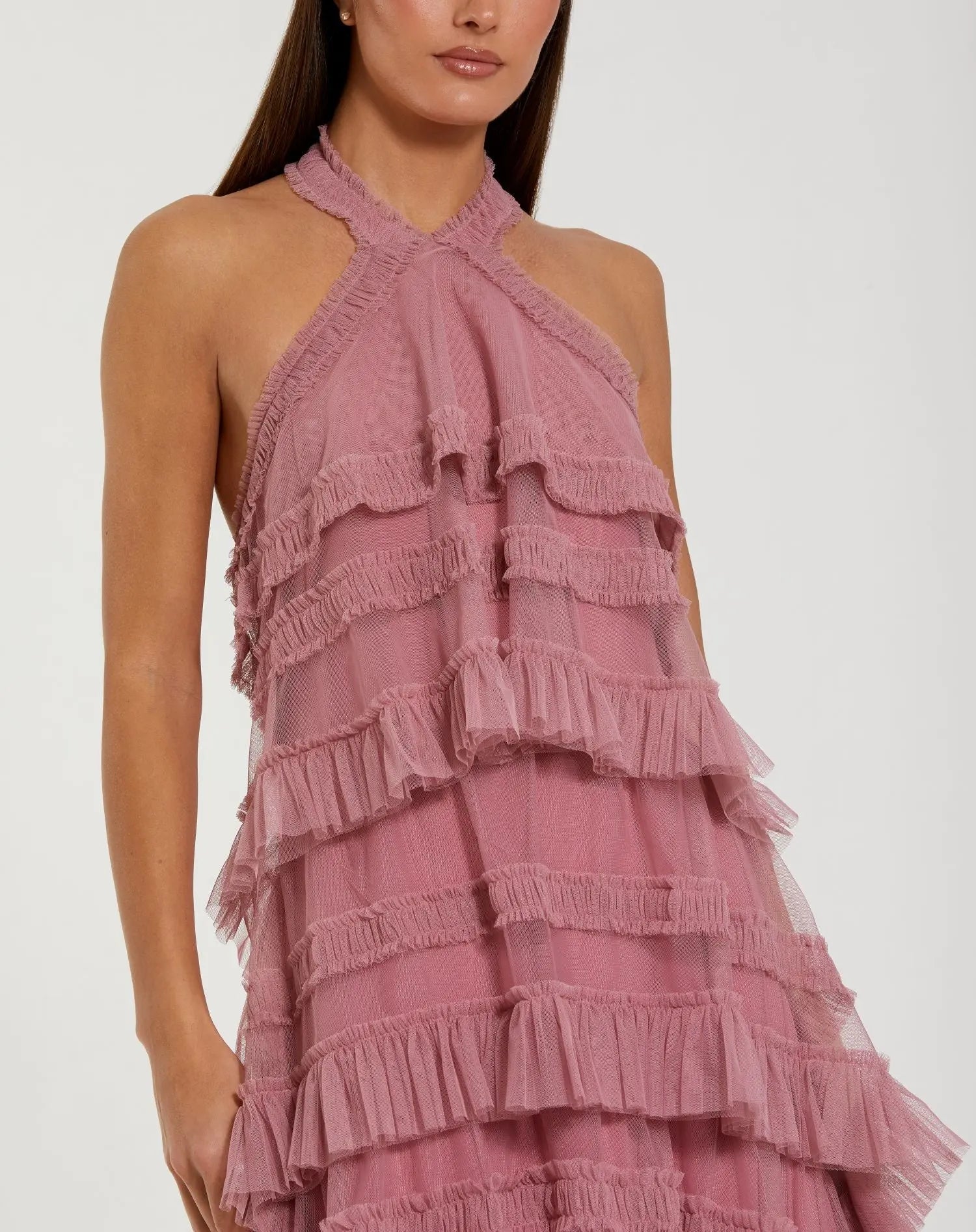 Pink Tiered Ruffle Halter Neck Midi Dress | Mac Duggal Pink Tiered Ruffle Halter Neck Midi Dress | Mac Duggal