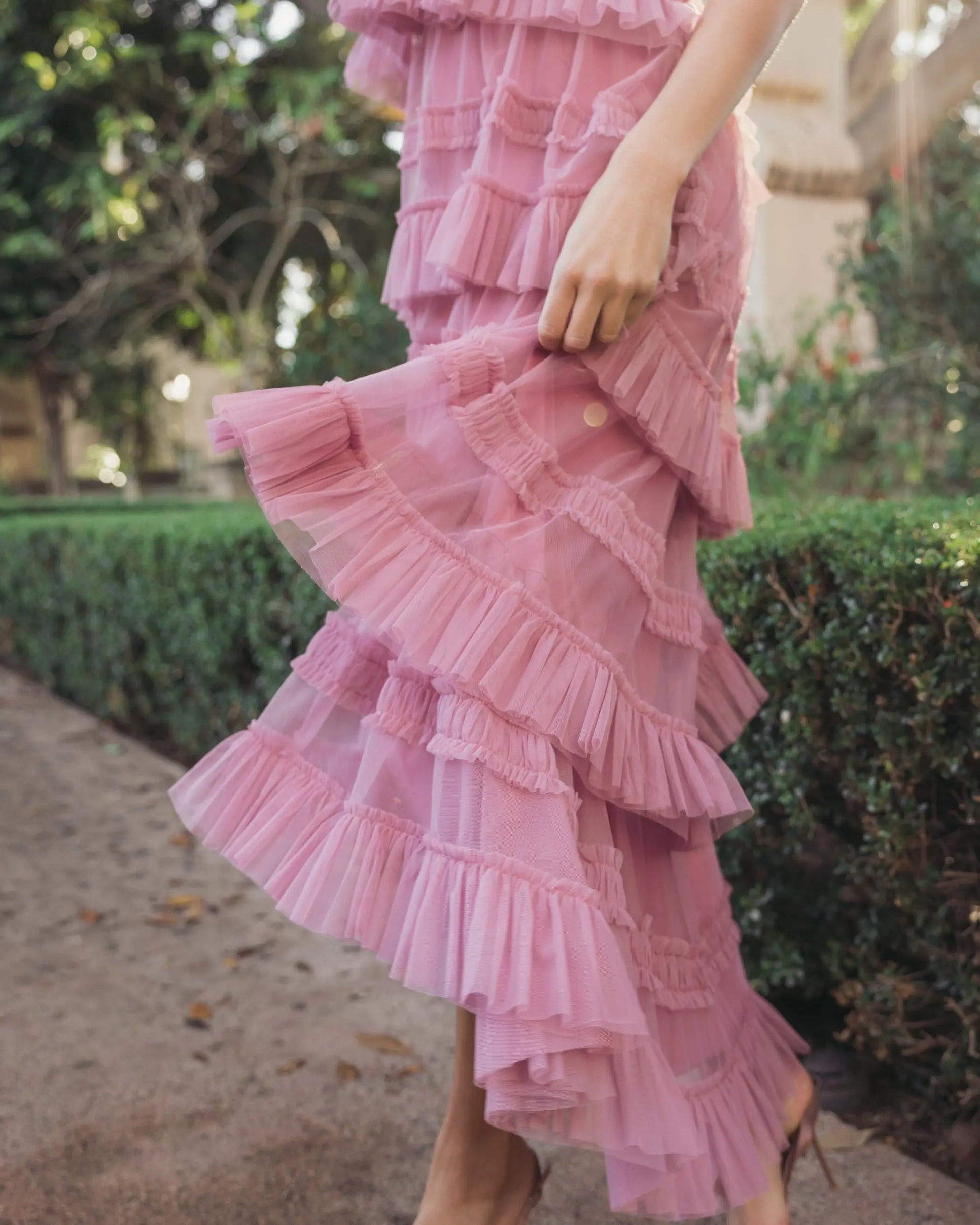 Pink Tiered Ruffle Halter Neck Midi Dress | Mac Duggal Pink Tiered Ruffle Halter Neck Midi Dress | Mac Duggal