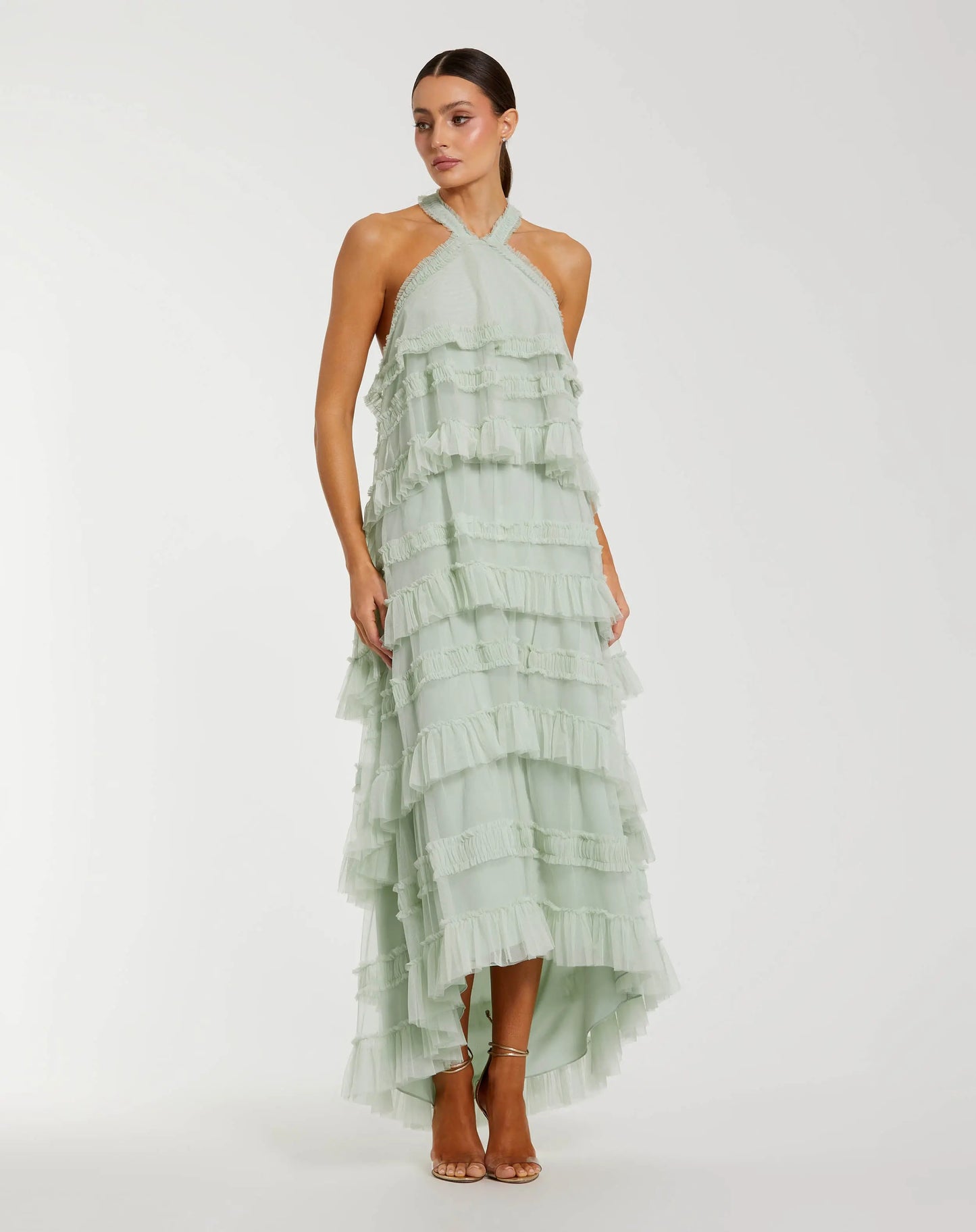 Mac Duggal - Tiered Ruffle Halter Neck Midi Dress - Seamist Mac Duggal - Tiered Ruffle Halter Neck Midi Dress - Seamist
