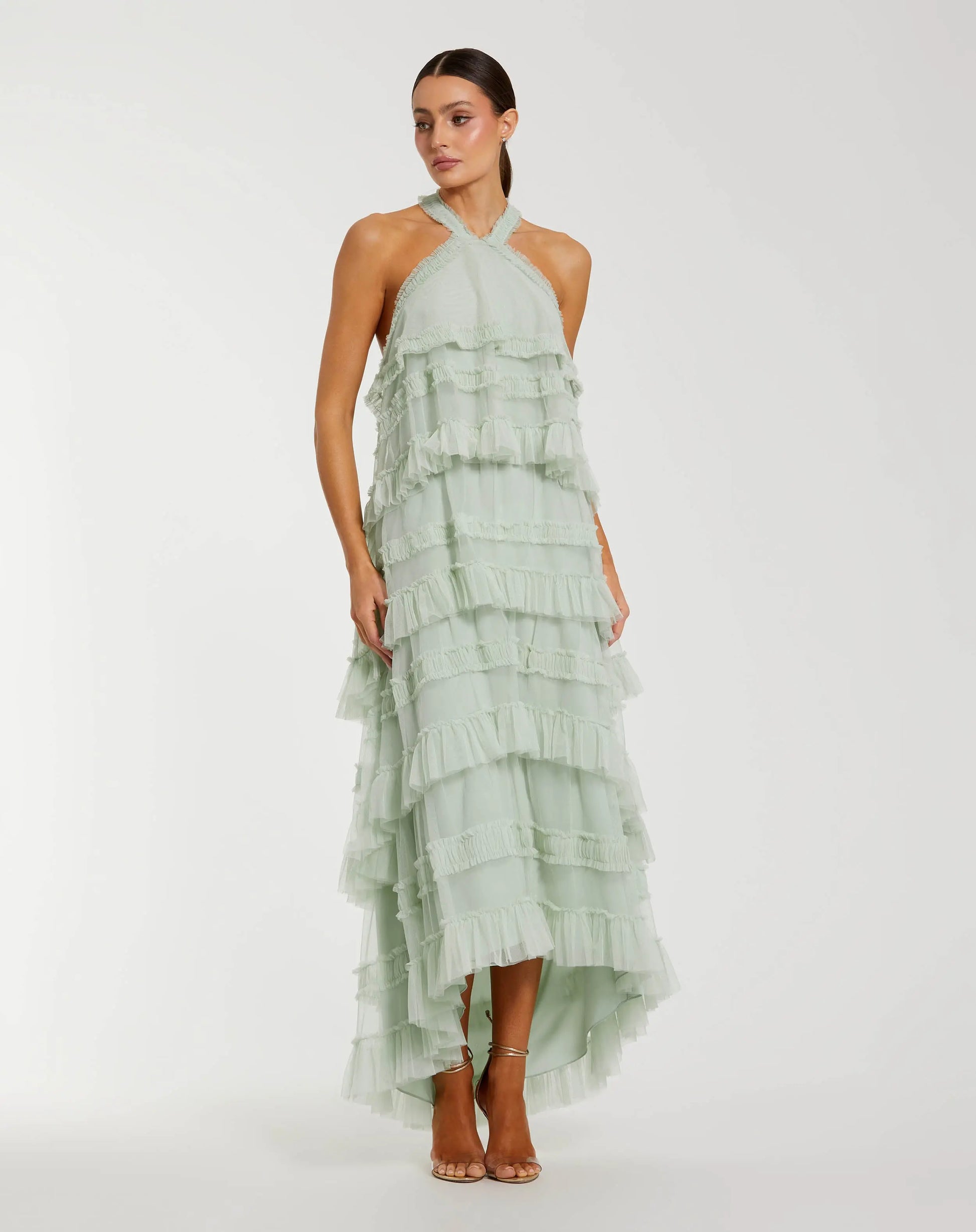 Mac Duggal - Tiered Ruffle Halter Neck Midi Dress - Seamist Mac Duggal - Tiered Ruffle Halter Neck Midi Dress - Seamist