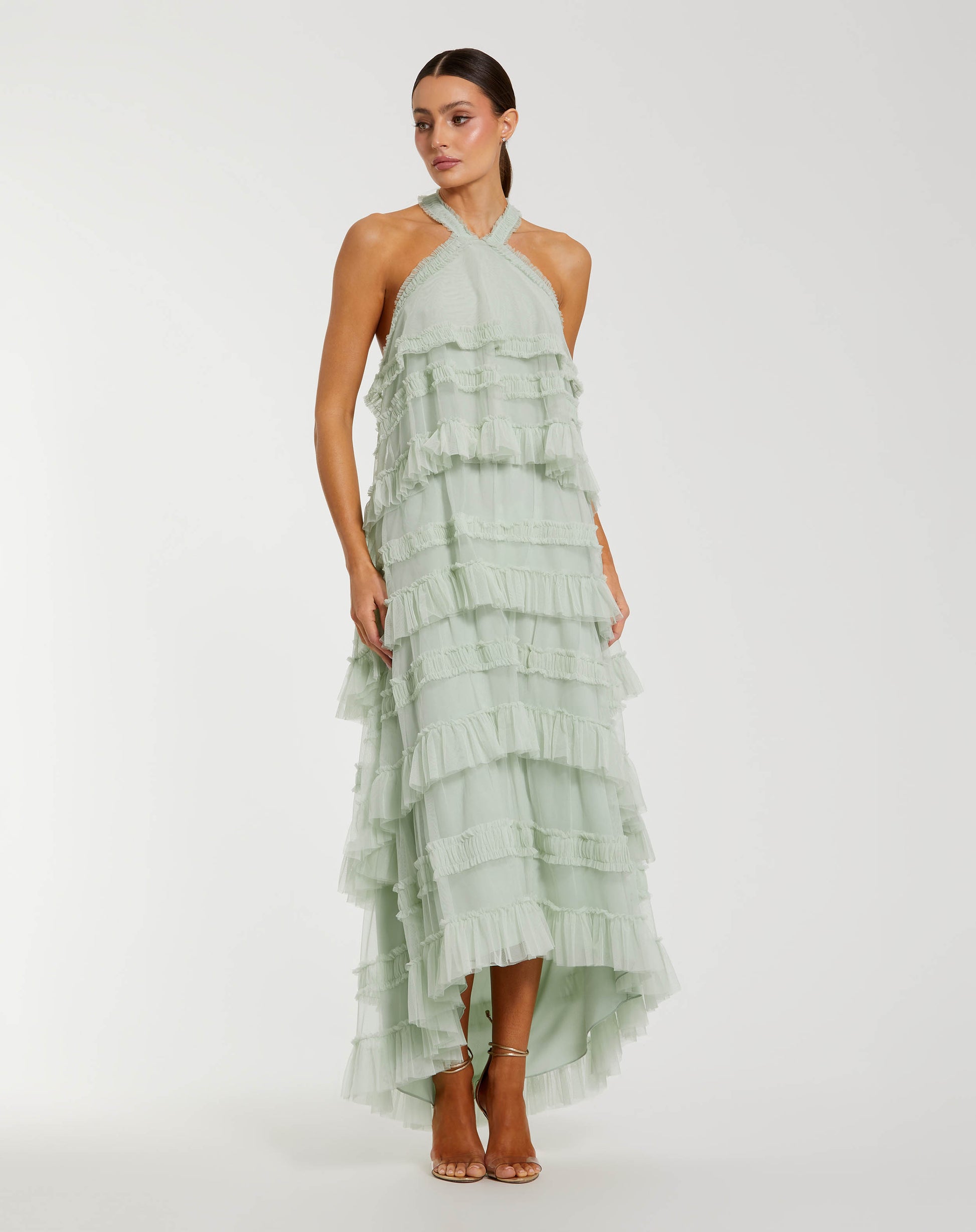 Green Tiered Ruffle Halter Neck Midi Dress Mac Duggal
