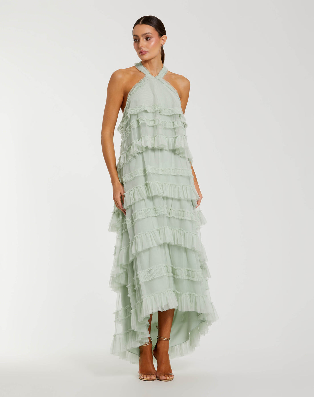 Green Tiered Ruffle Halter Neck Midi Dress Mac Duggal