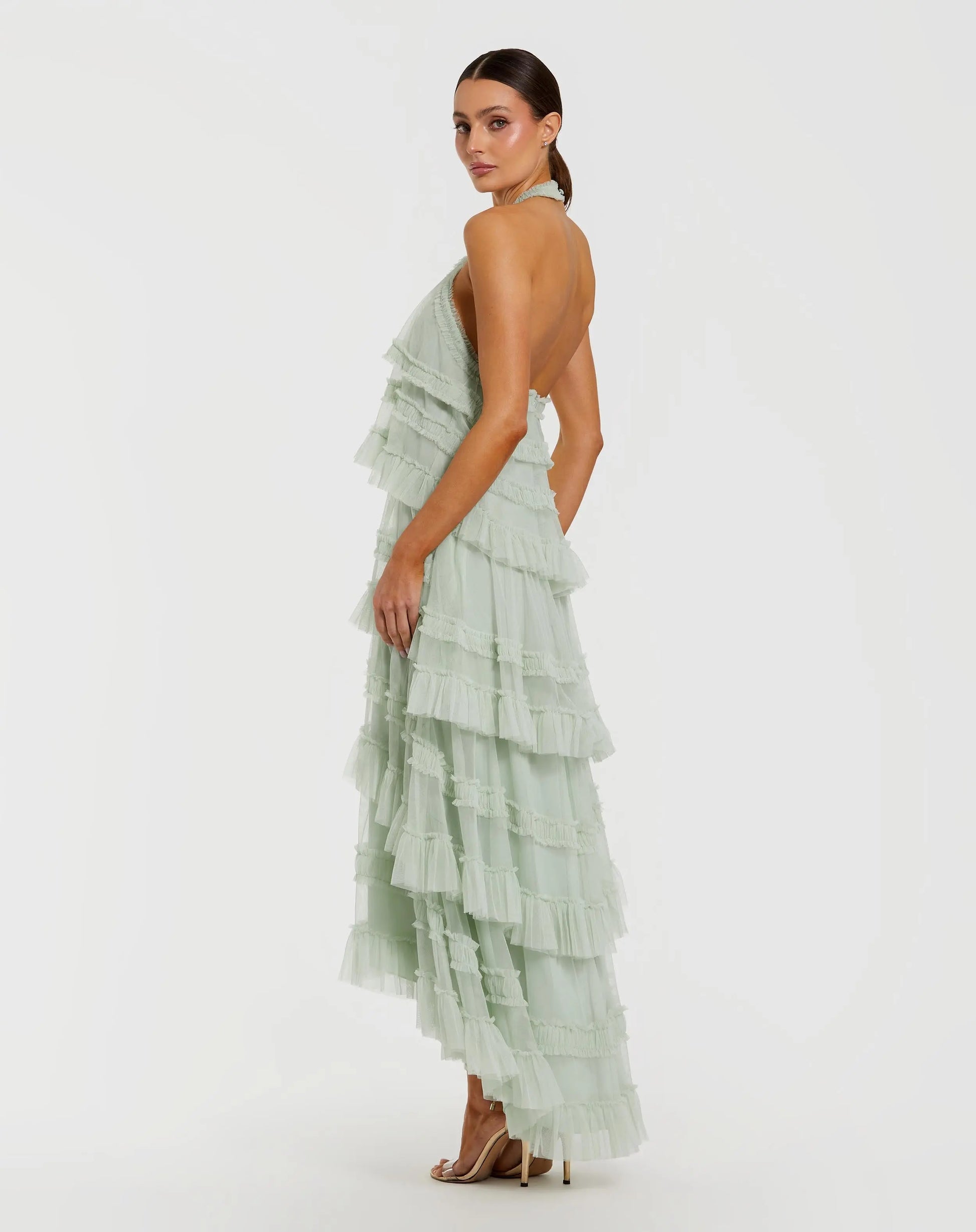 Mac Duggal - Tiered Ruffle Halter Neck Midi Dress - Seamist Mac Duggal - Tiered Ruffle Halter Neck Midi Dress - Seamist