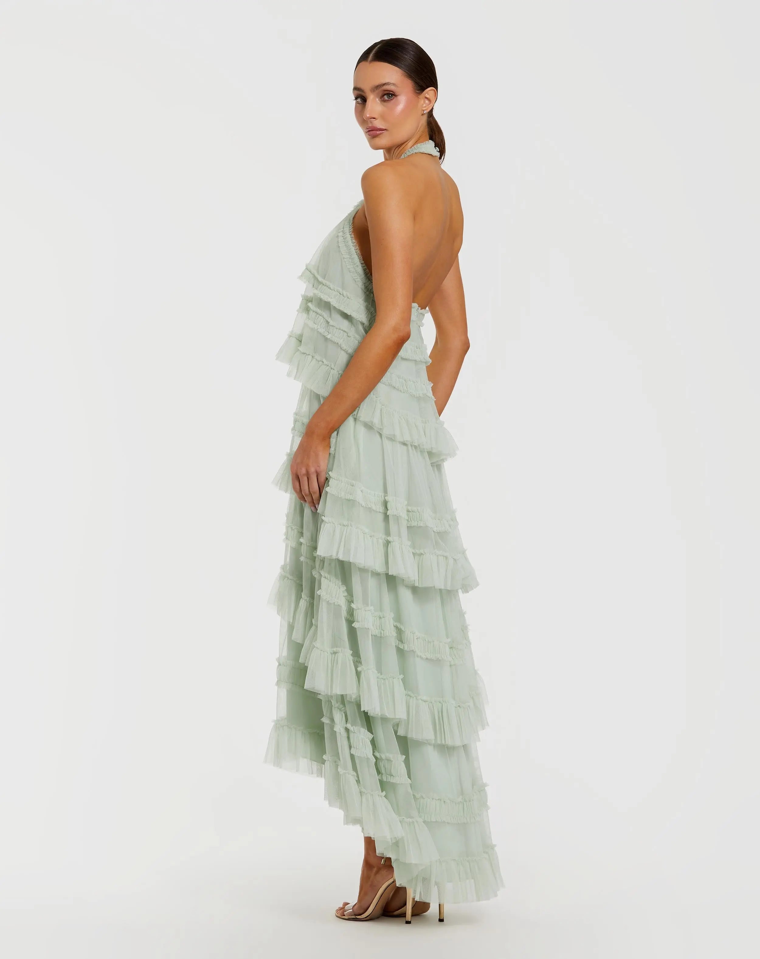 Green Tiered Ruffle Halter Neck Midi Dress Mac Duggal