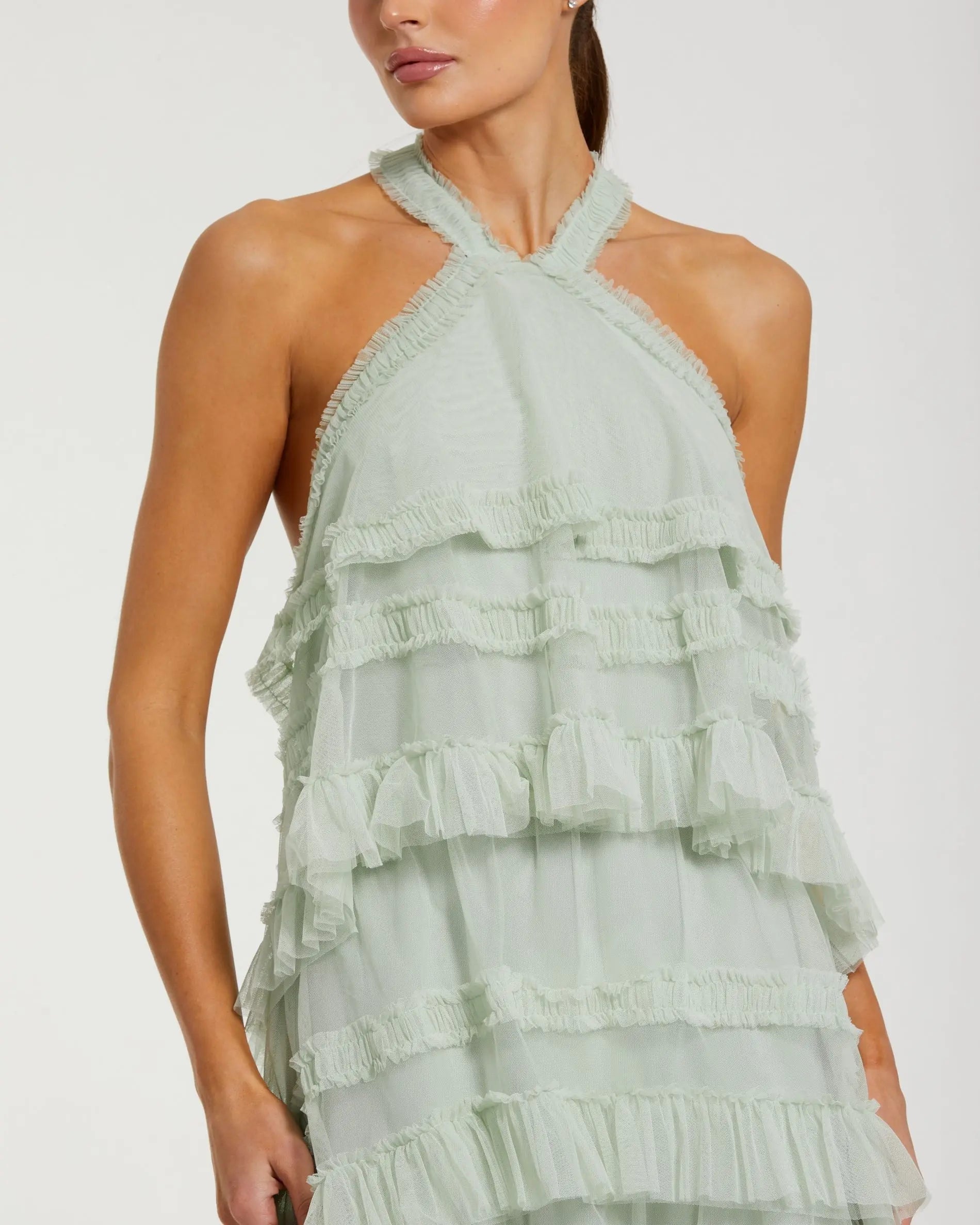 Mac Duggal - Tiered Ruffle Halter Neck Midi Dress - Seamist Mac Duggal - Tiered Ruffle Halter Neck Midi Dress - Seamist
