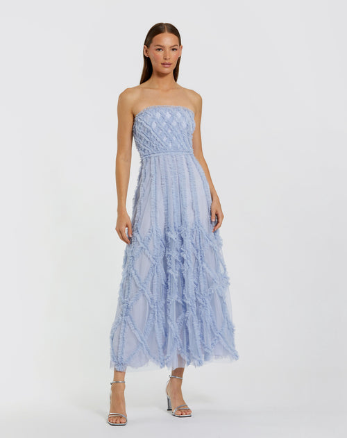 Blue Dotted Mesh Ruffle Strapless A-Line Dress