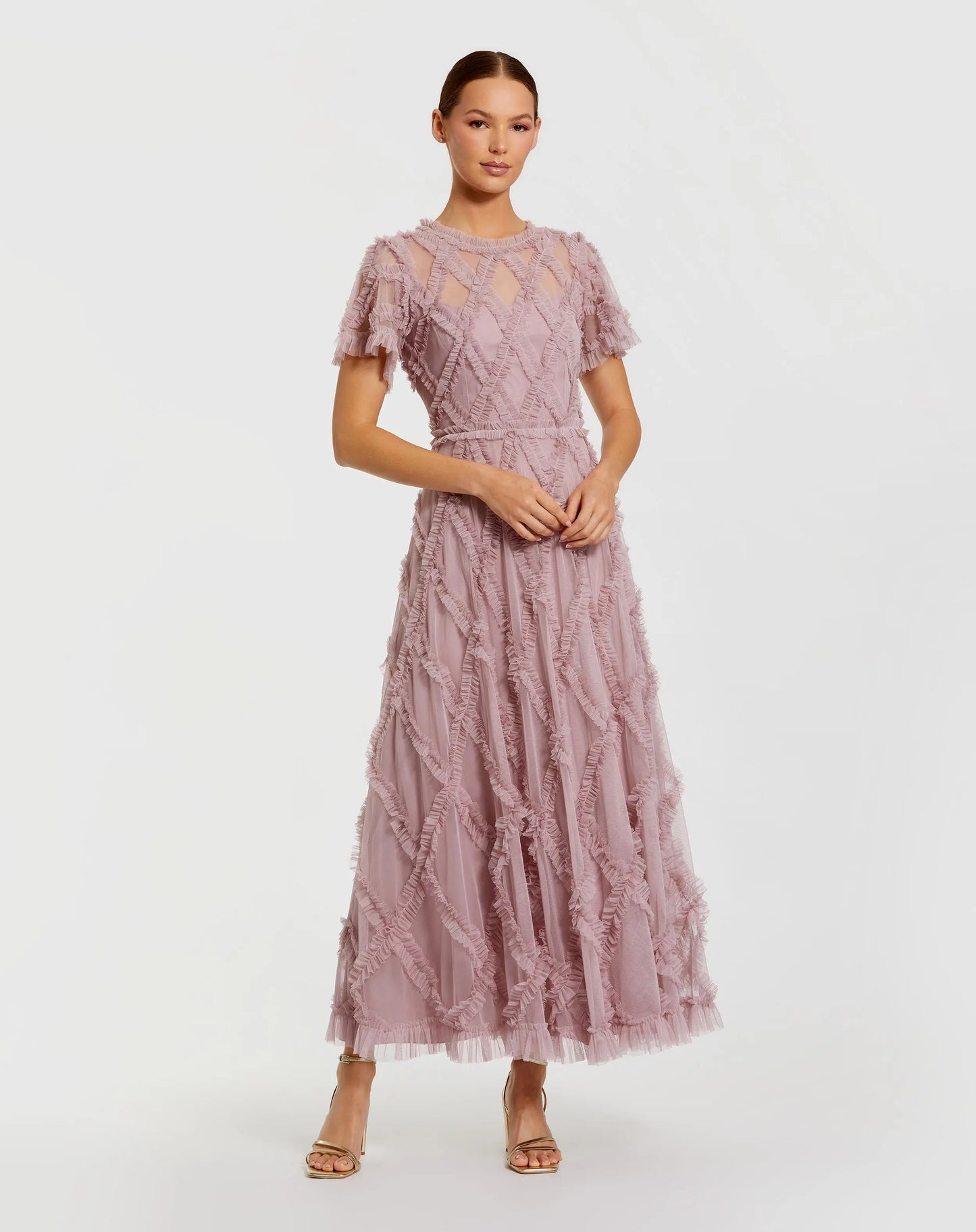 Pink Short Sleeve High Neck Ruffle Dress - Mac Duggal