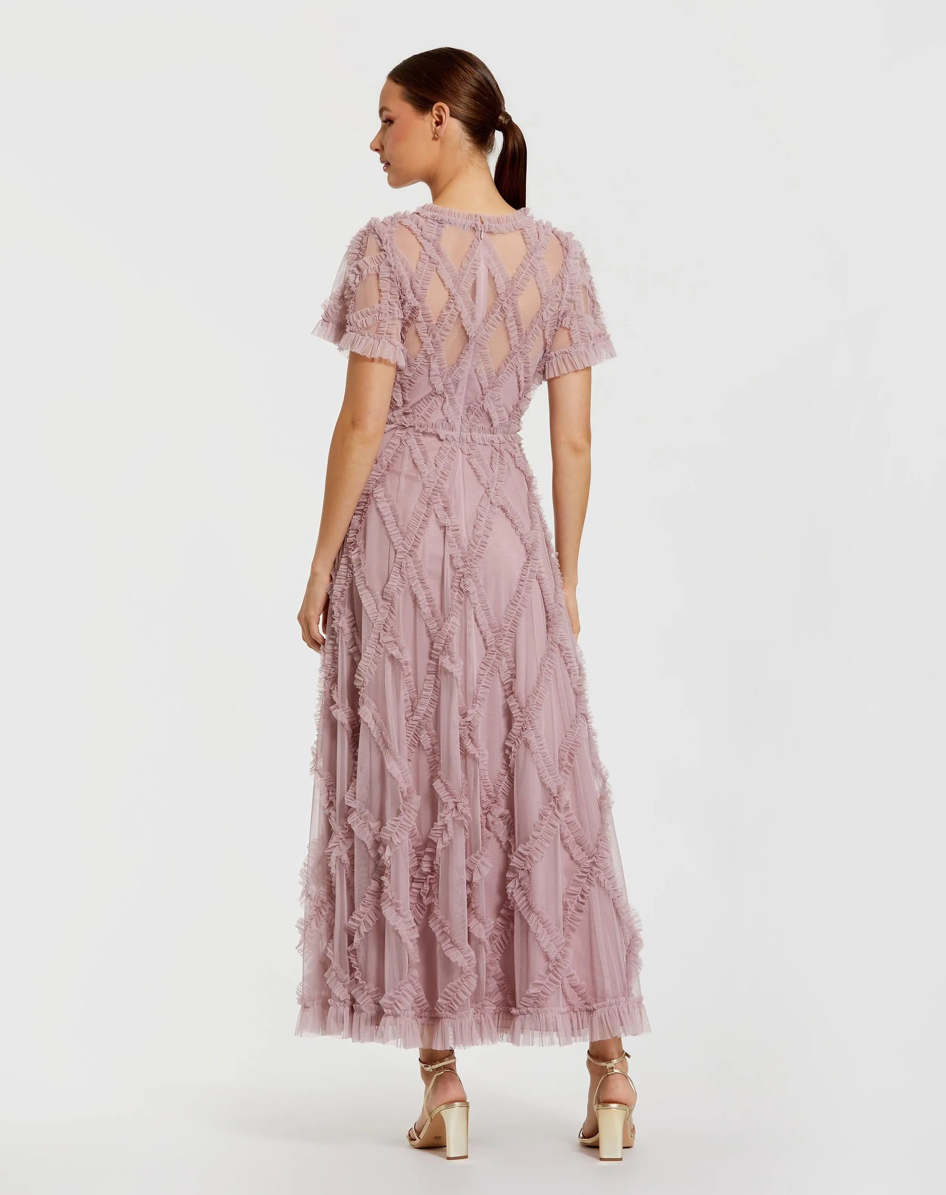 Pink Short Sleeve High Neck Ruffle Dress - Mac Duggal