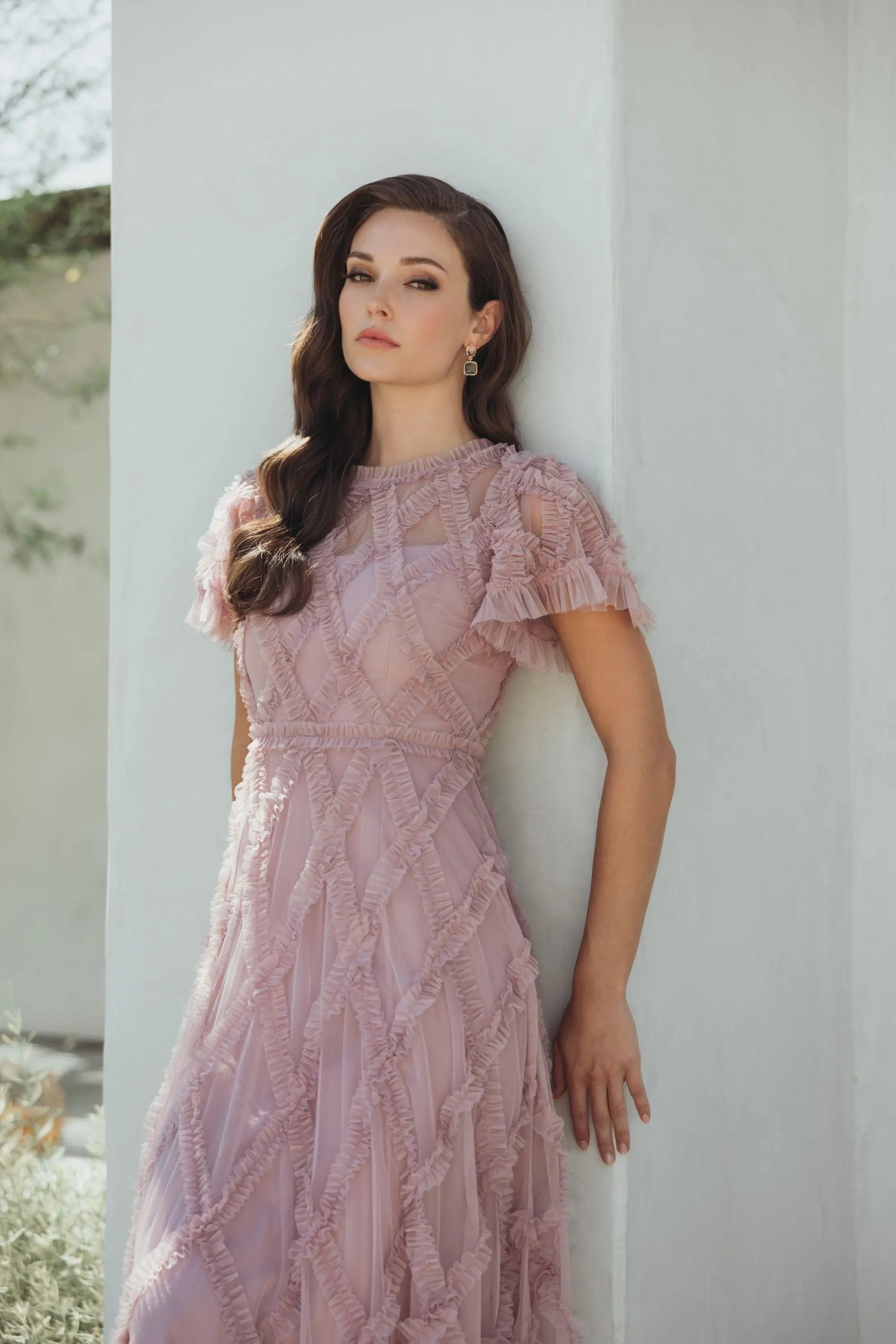 Pink Short Sleeve High Neck Ruffle Dress - Mac Duggal