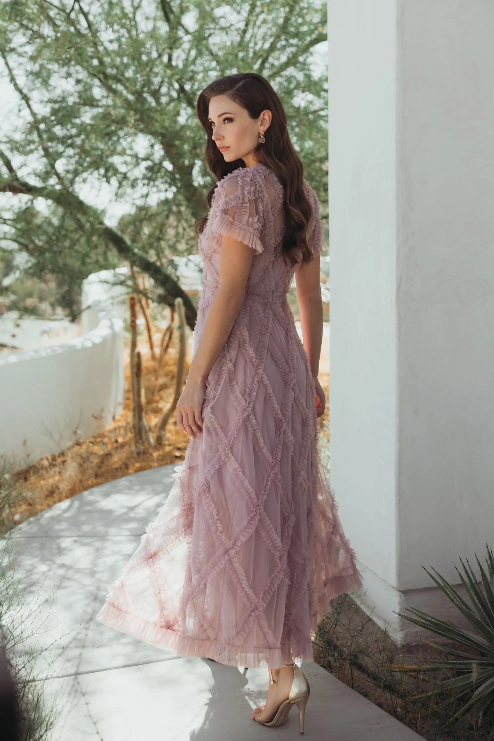 Pink Short Sleeve High Neck Ruffle Dress - Mac Duggal