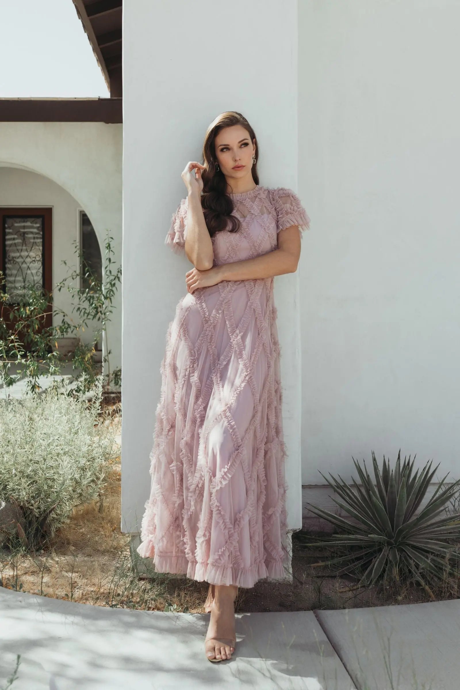 Pink Short Sleeve High Neck Ruffle Dress - Mac Duggal