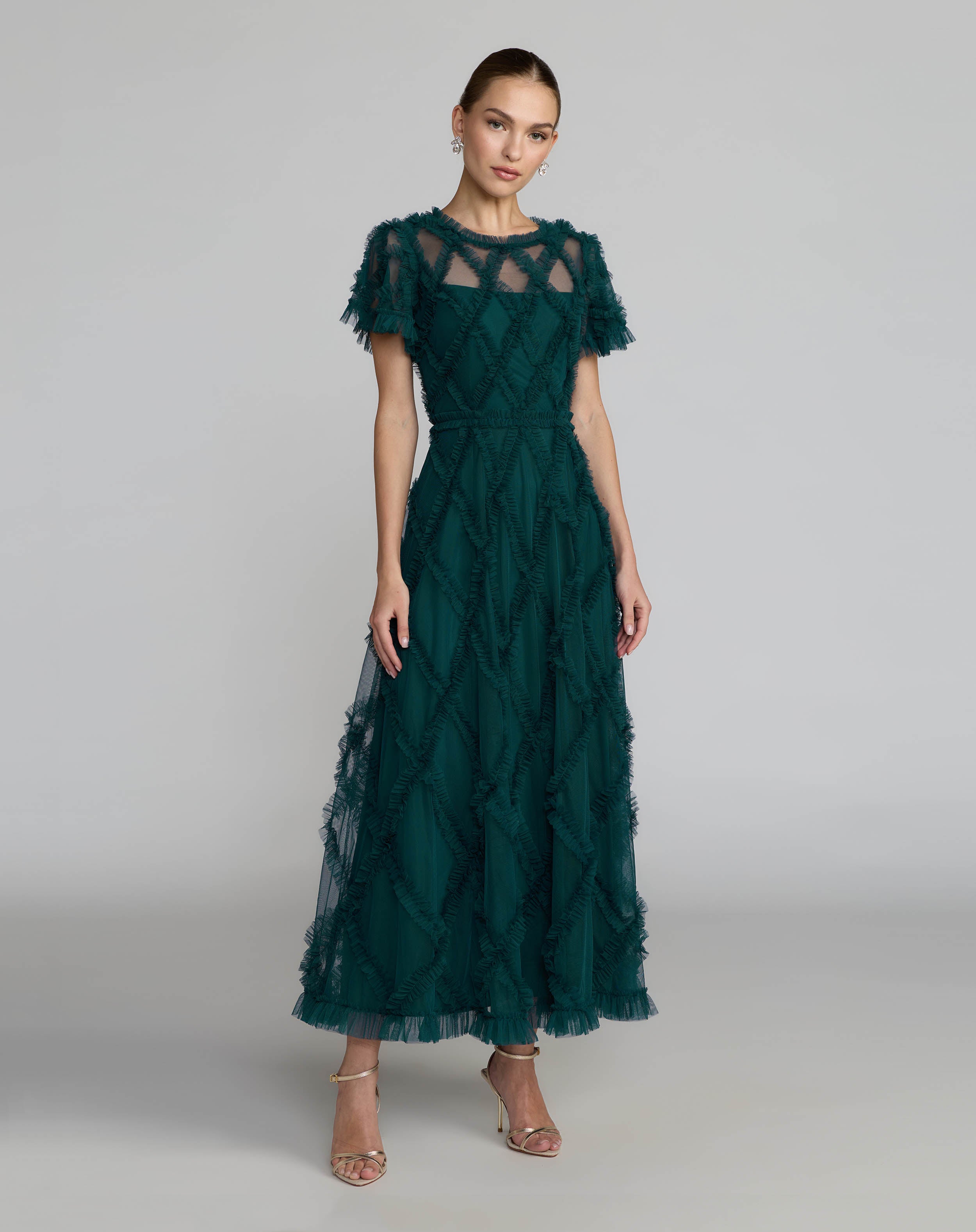 Blue Short Sleeve High Neck Ruffle Dress Mac Duggal
