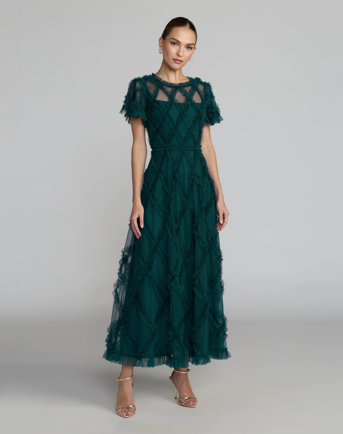 Blue Short Sleeve High Neck Ruffle Dress Mac Duggal