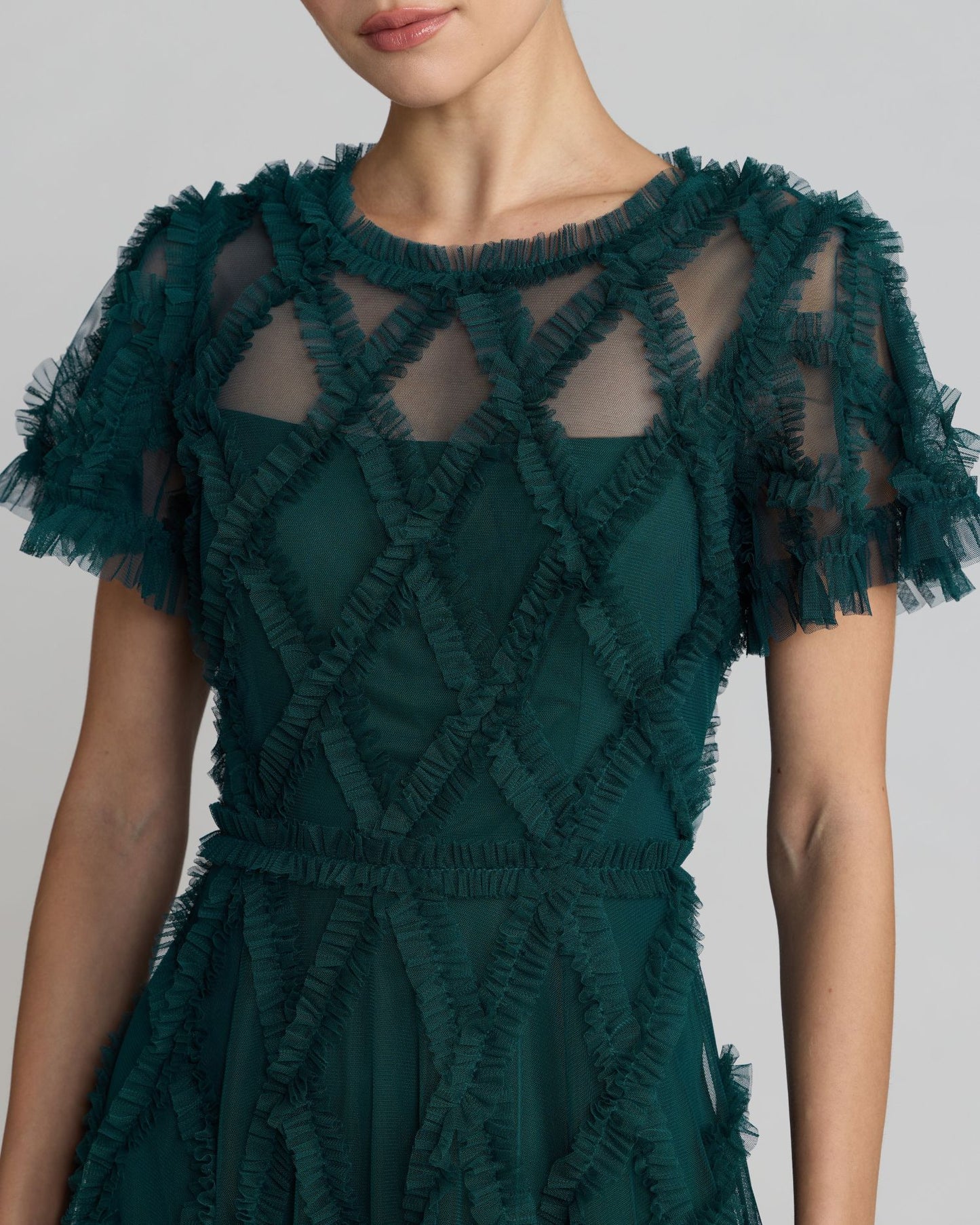 Blue Short Sleeve High Neck Ruffle Dress Mac Duggal