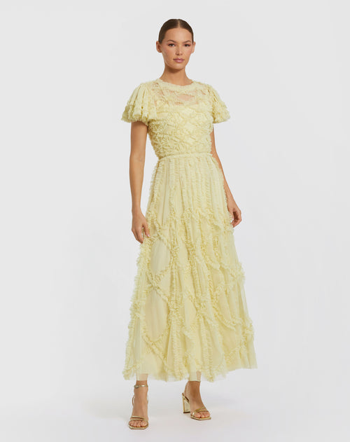 Yellow Solid Mesh Dotted Micro Ruffle High Neck Gown