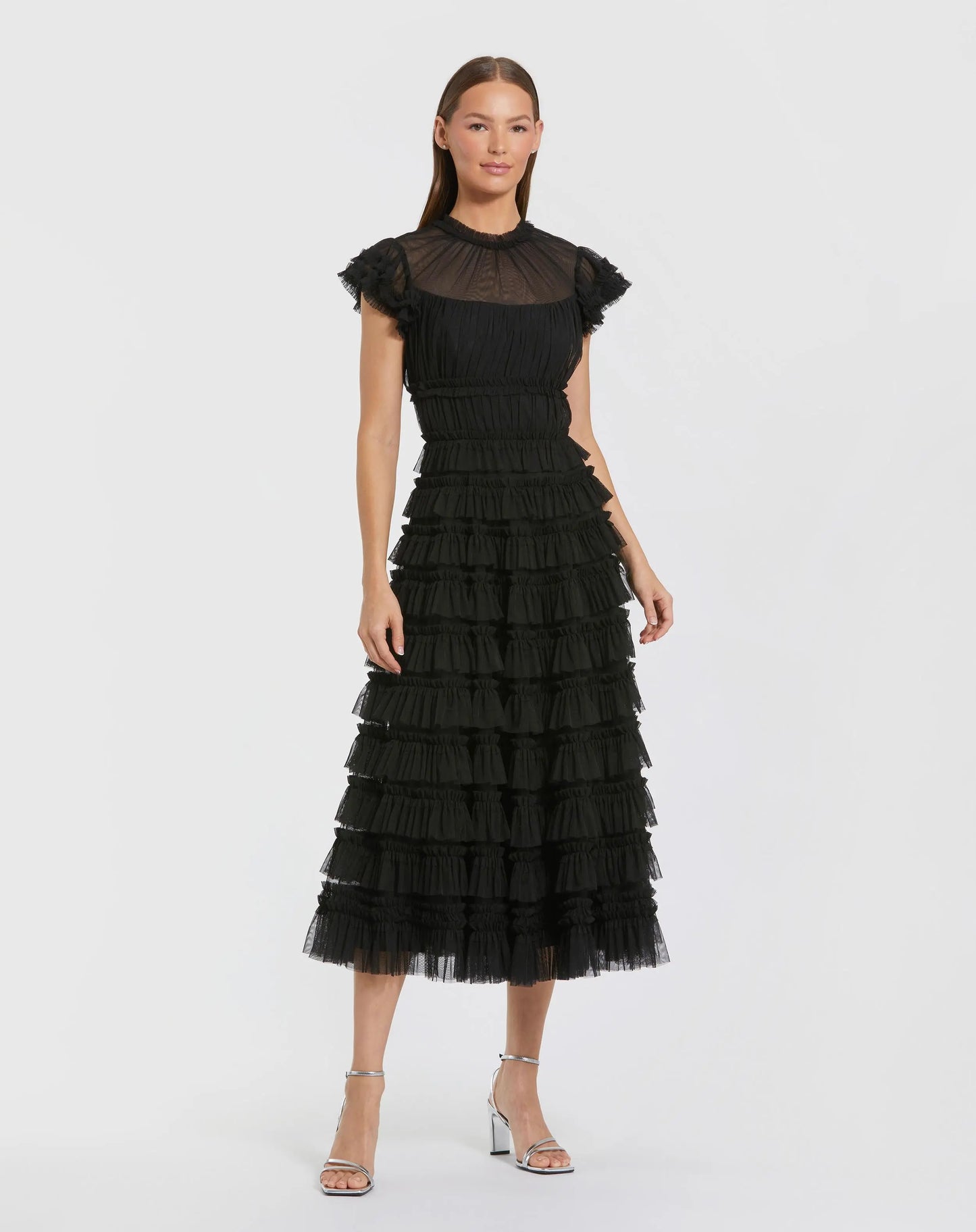 Black Ruffle High Neck Cap Sleeve Midi Dress - Mac Duggal