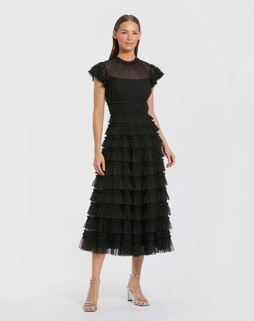Black Ruffle High Neck Cap Sleeve Midi Dress - Mac Duggal