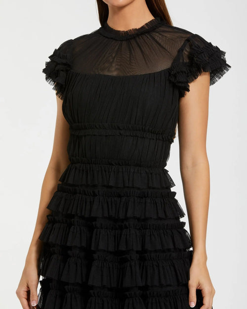 Black Ruffle High Neck Cap Sleeve Midi Dress - Mac Duggal