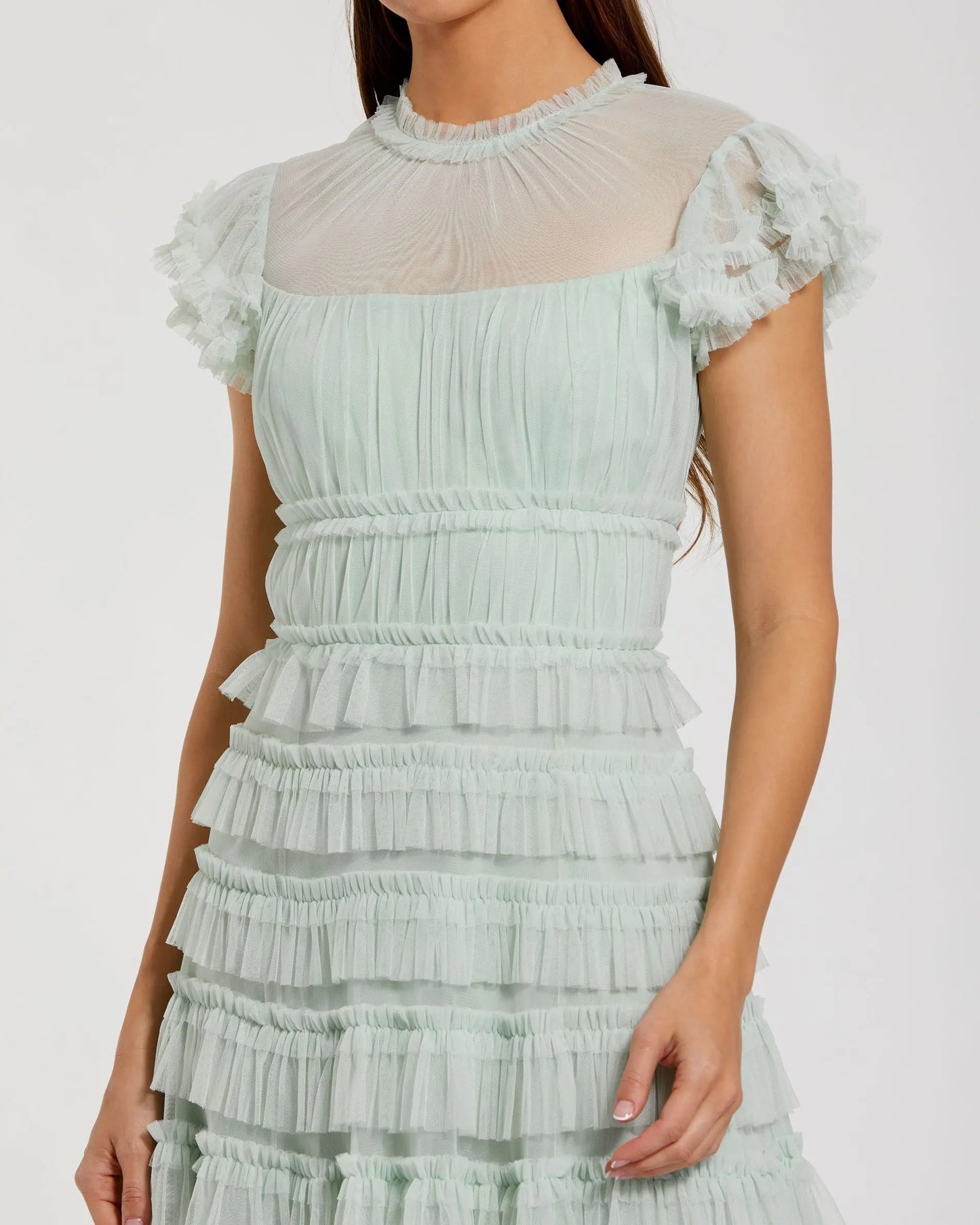 Green Ruffle High Neck Midi Dress - Mac Duggal