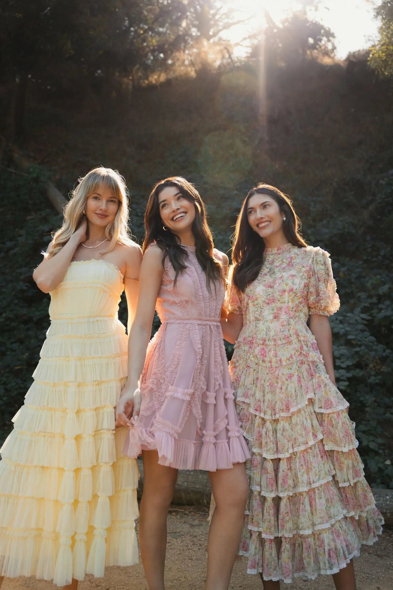 Beige Floral High Neck Midi Dress with Lace Trim - Mac Duggal