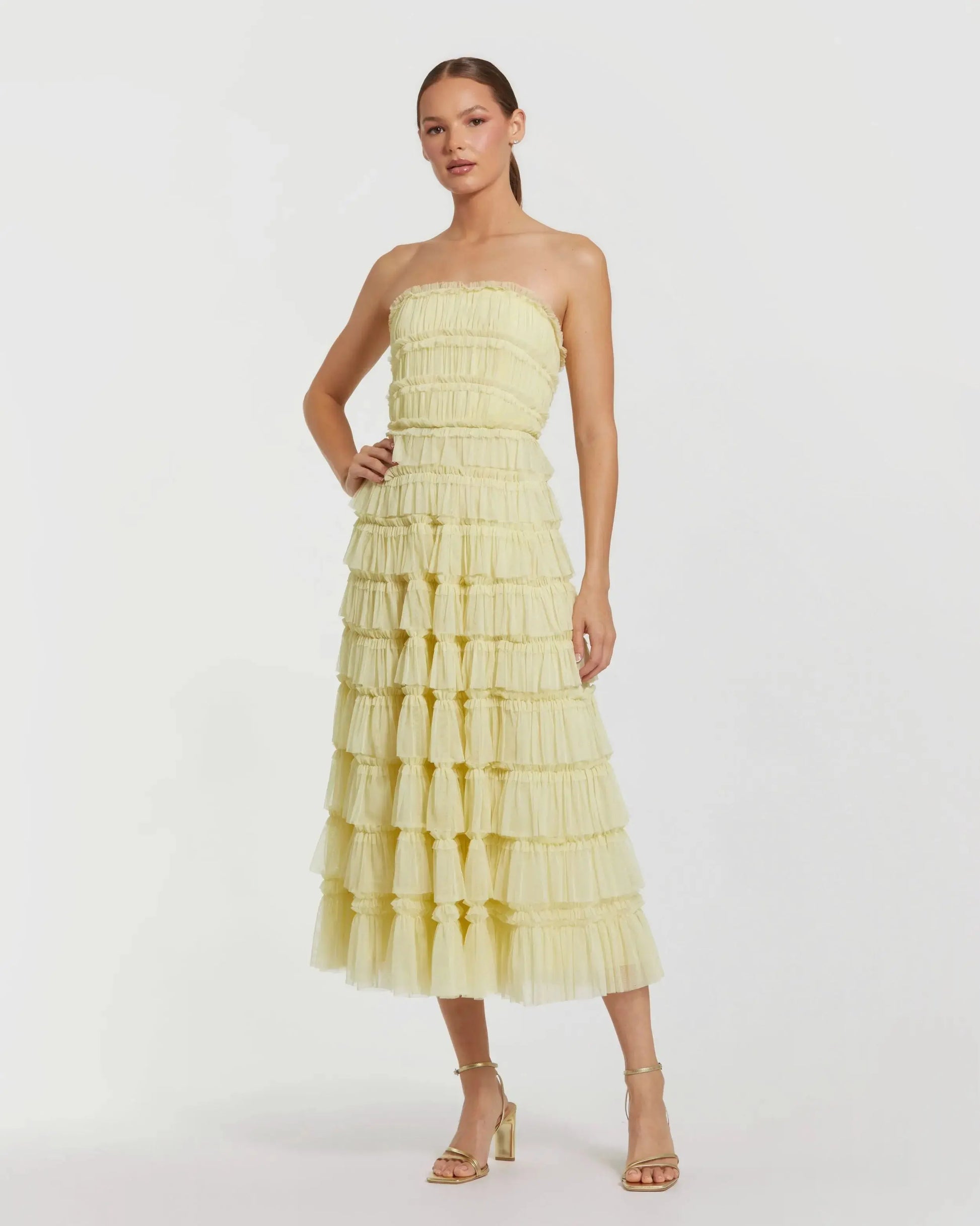 Yellow Micro Ruffle Strapless Midi Dress | Mac Duggal Yellow Micro Ruffle Strapless Midi Dress | Mac Duggal