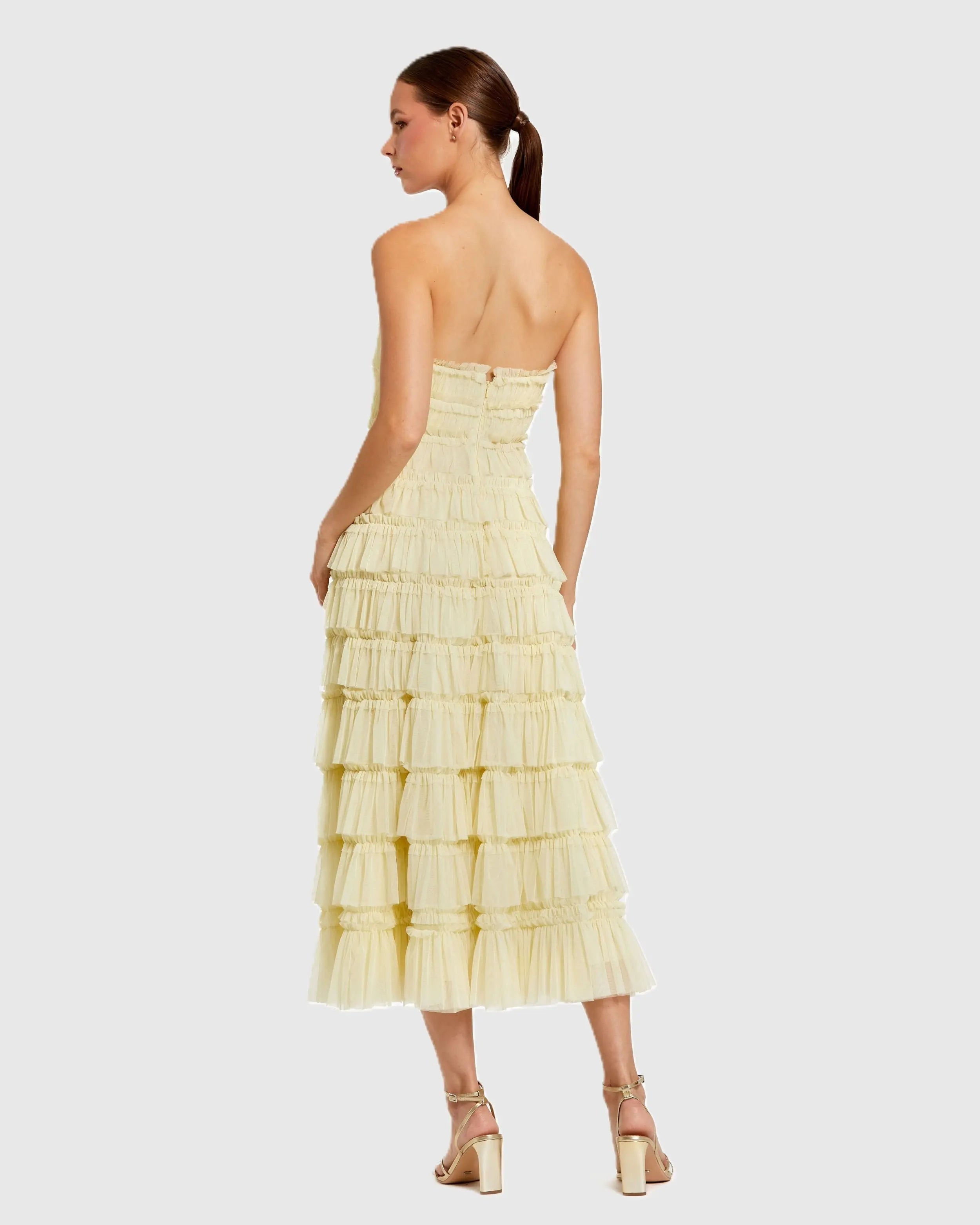 Yellow Mesh Micro Ruffle Strapless Midi Dress - Mac Duggal