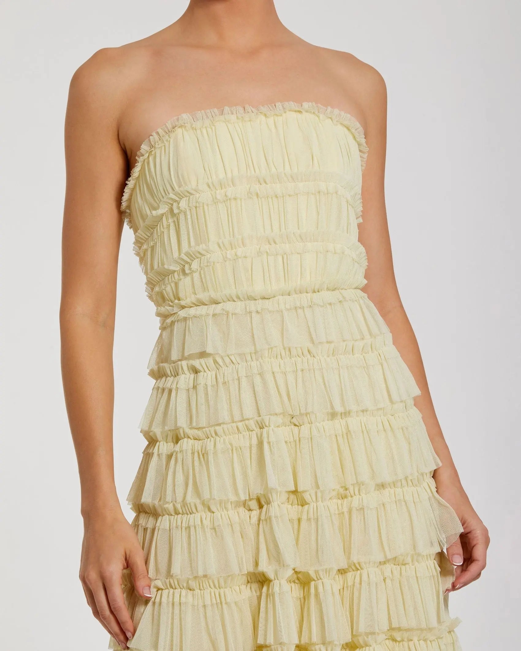 Mac Duggal - Yellow Micro Ruffle Strapless Midi Dress - US 8 Mac Duggal - Yellow Micro Ruffle Strapless Midi Dress - US 8
