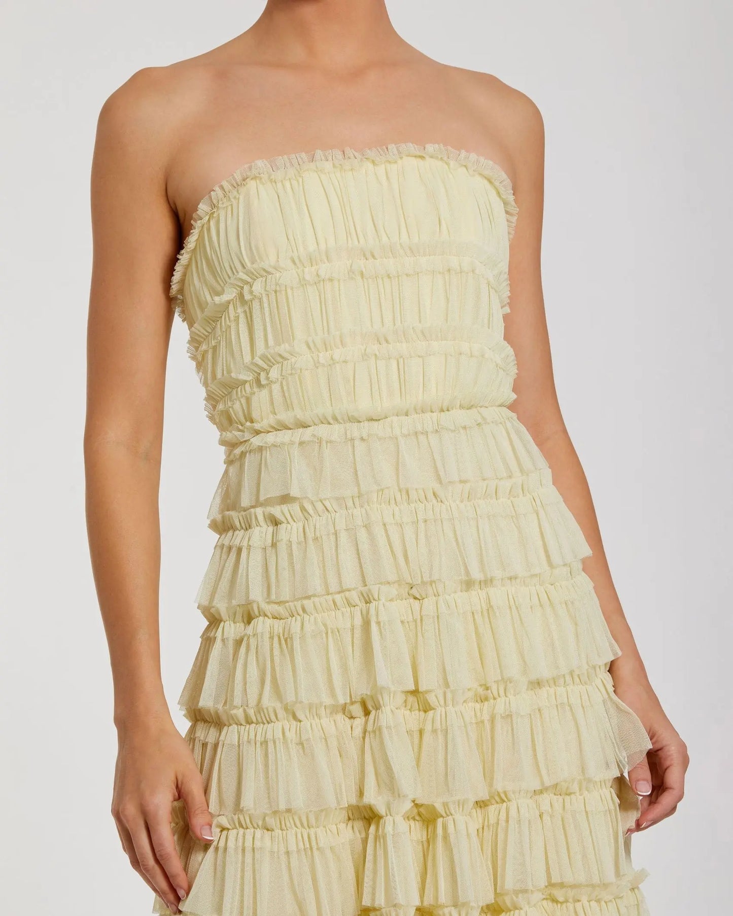 Yellow Micro Ruffle Strapless Midi Dress