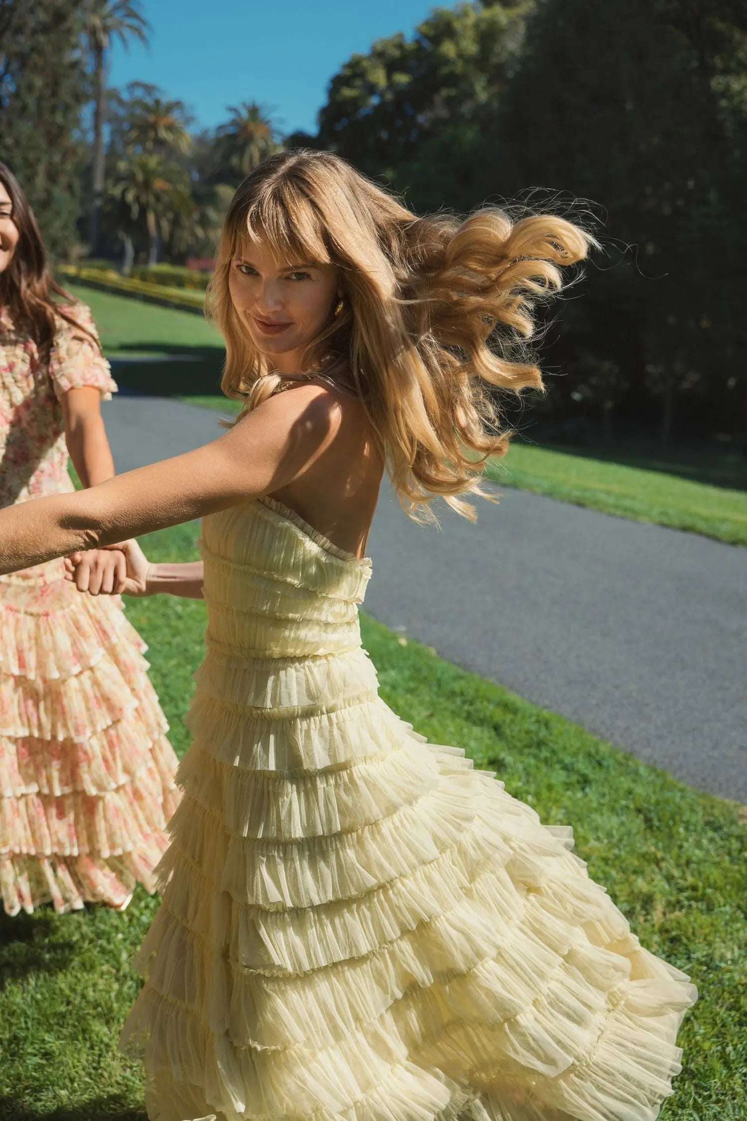 Yellow Mesh Micro Ruffle Strapless Midi Dress - Mac Duggal