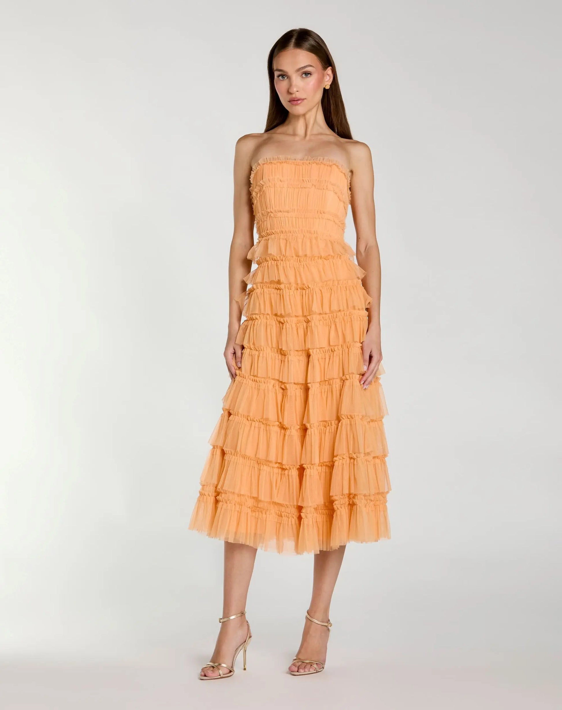 Mac Duggal - Orange Micro Ruffle Strapless Midi Dress - US 12 Mac Duggal - Orange Micro Ruffle Strapless Midi Dress - US 12
