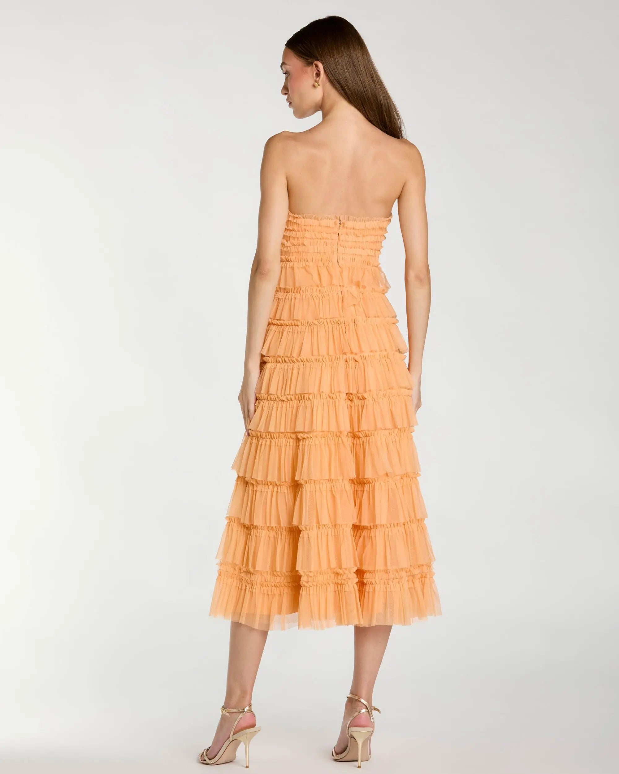 Orange Micro Ruffle Strapless Midi Dress - Mac Duggal