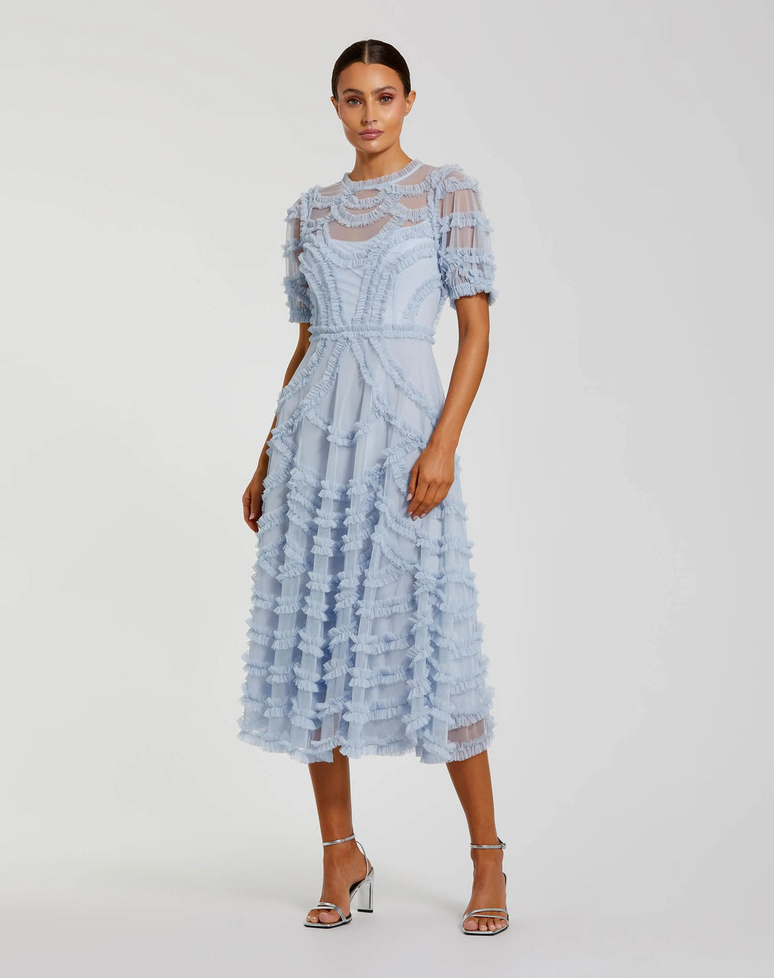 Blue High Neck Short Sleeve Ruffled Midi Dress | Mac Duggal Blue High Neck Short Sleeve Ruffled Midi Dress | Mac Duggal