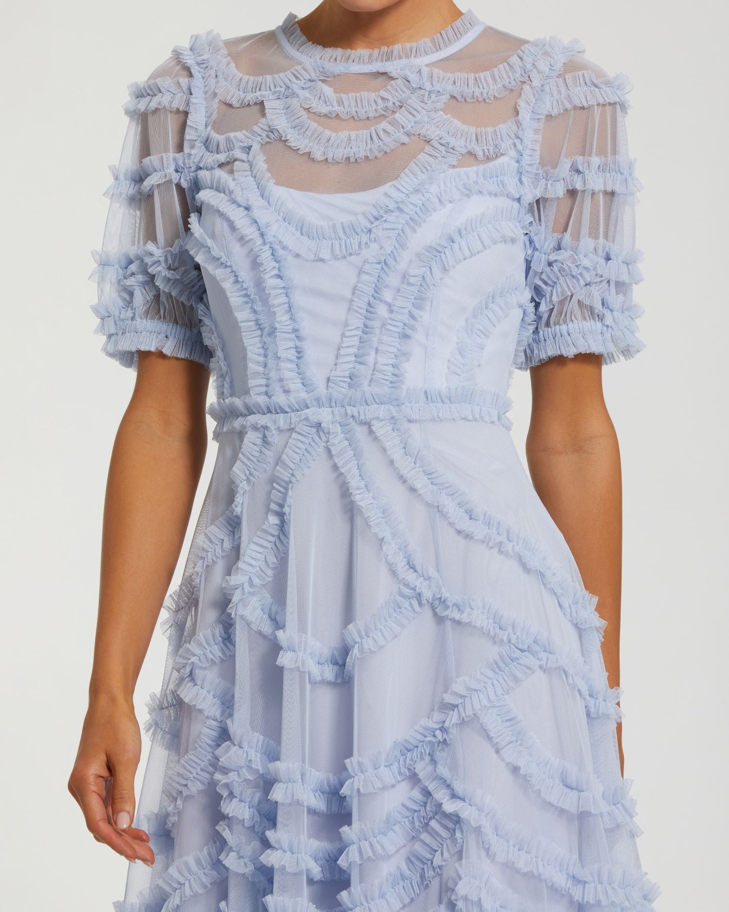 Blue High Neck Short Sleeve Ruffled Midi Dress | Mac Duggal Blue High Neck Short Sleeve Ruffled Midi Dress | Mac Duggal