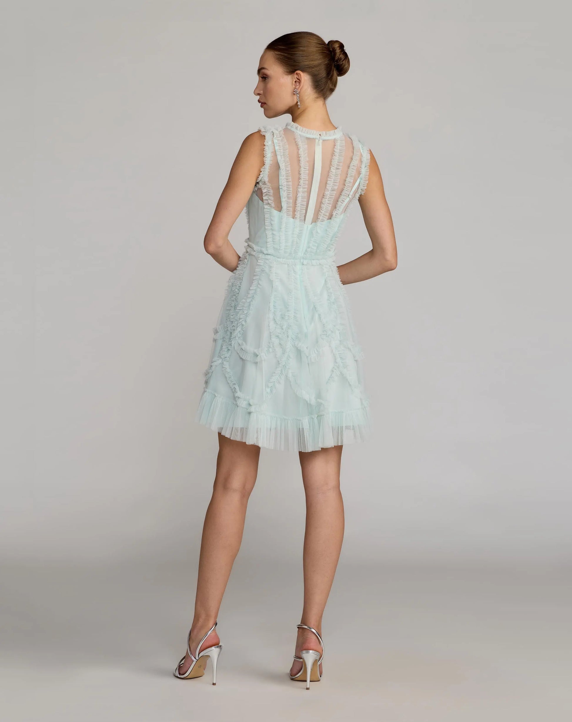 Mac Duggal Mesh Micro Ruffle High Neck Mini Dress - Aqua Mac Duggal Mesh Micro Ruffle High Neck Mini Dress - Aqua