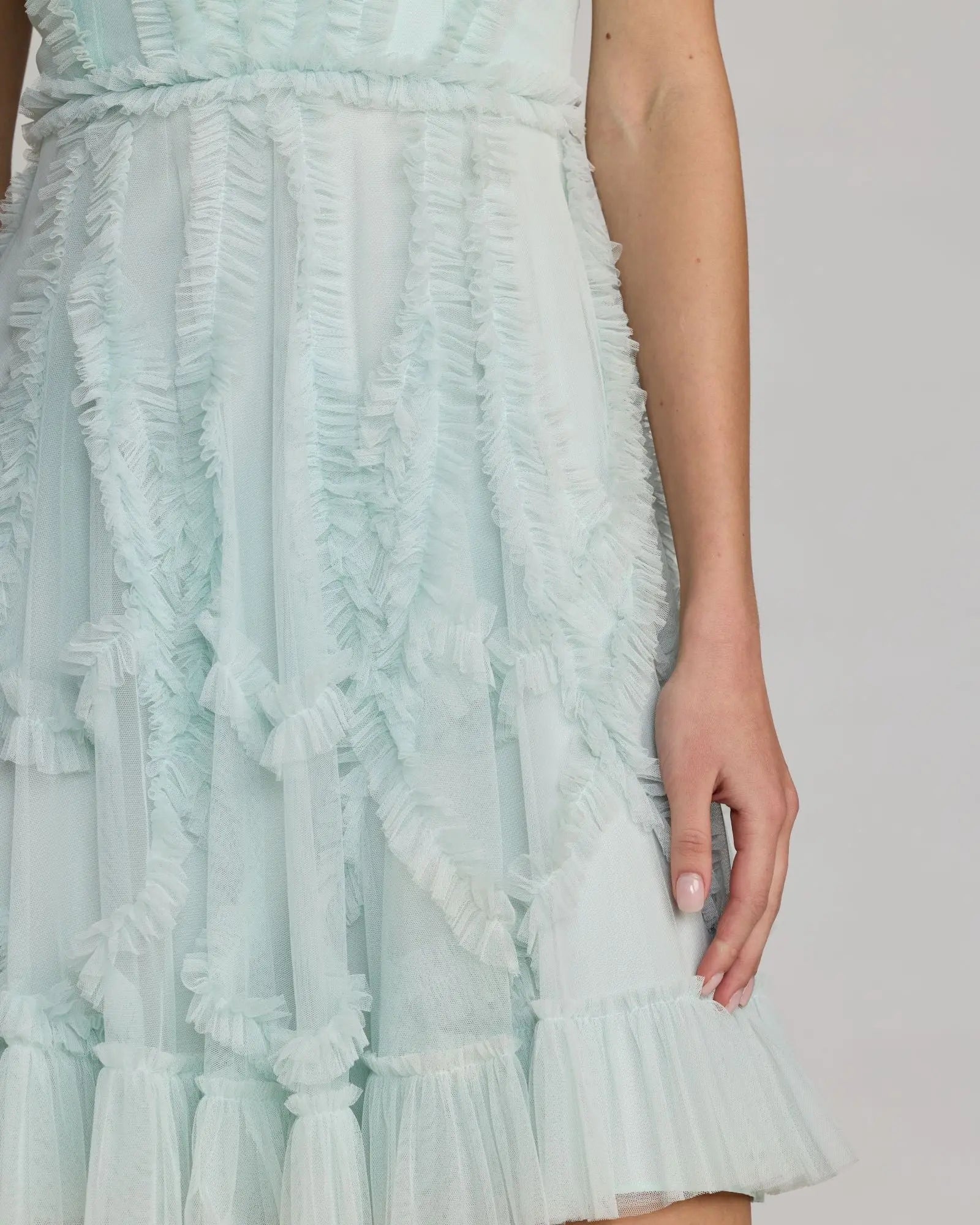 Light Blue High Neck Sleeveless Micro Ruffle Mini Dress Mac Duggal