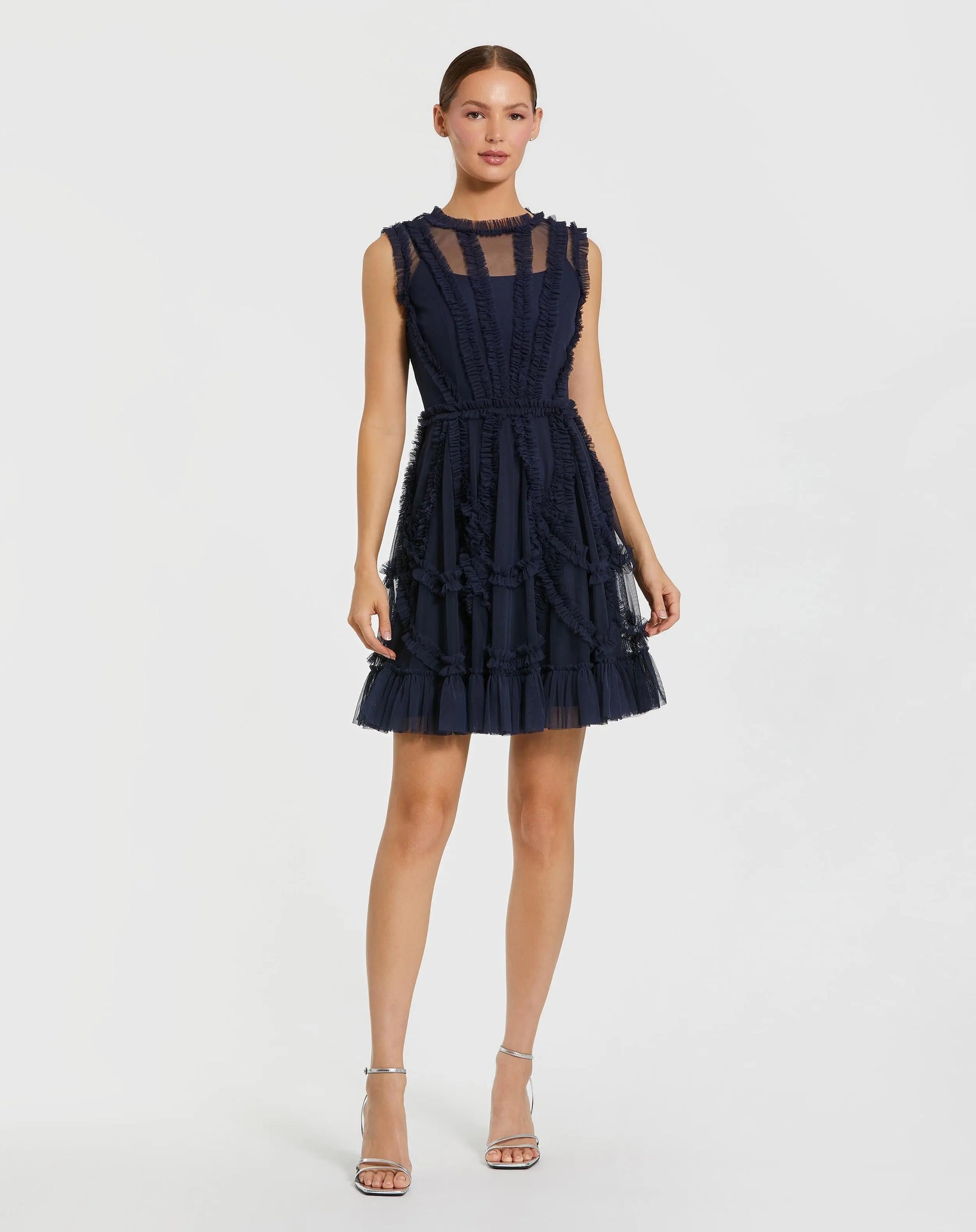 Navy High Neck Sleeveless Micro Ruffle Mini Dress - Mac Duggal