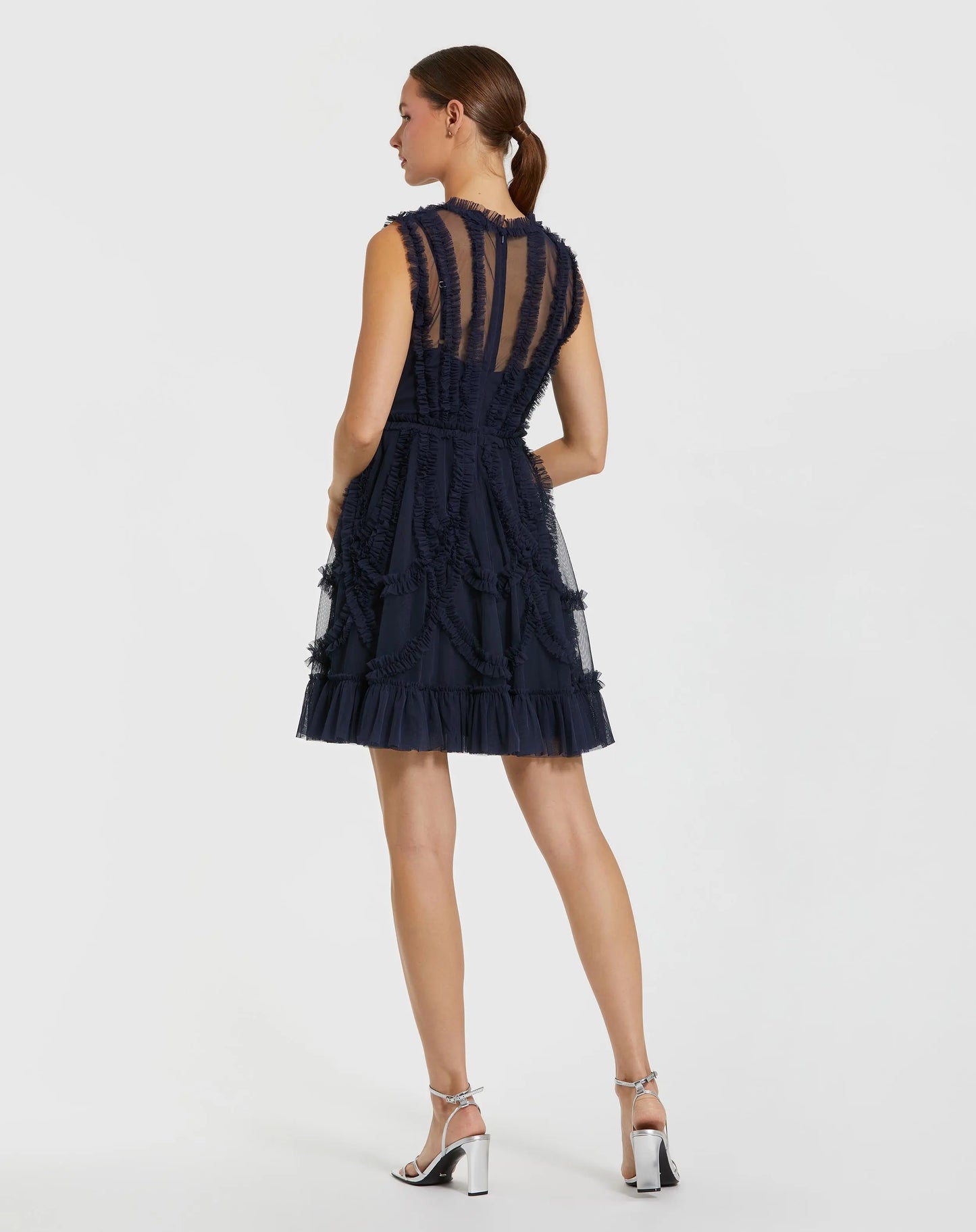 Navy High Neck Sleeveless Micro Ruffle Mini Dress - Mac Duggal